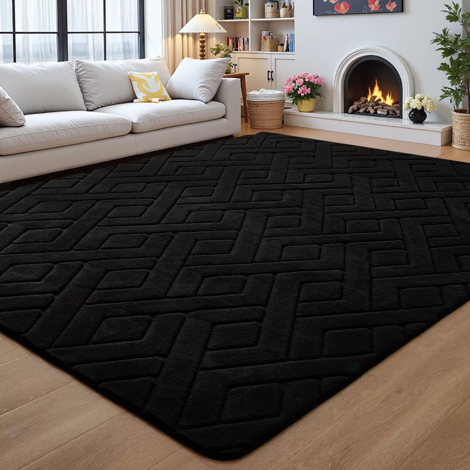 Flagover 6x9 Black Washable Area Rug for Bedroom Living Room, Modern Geometric Shag Non-Slip Rugs, Fluffy Plush Soft Memory Foam Carpet for Kids Boys