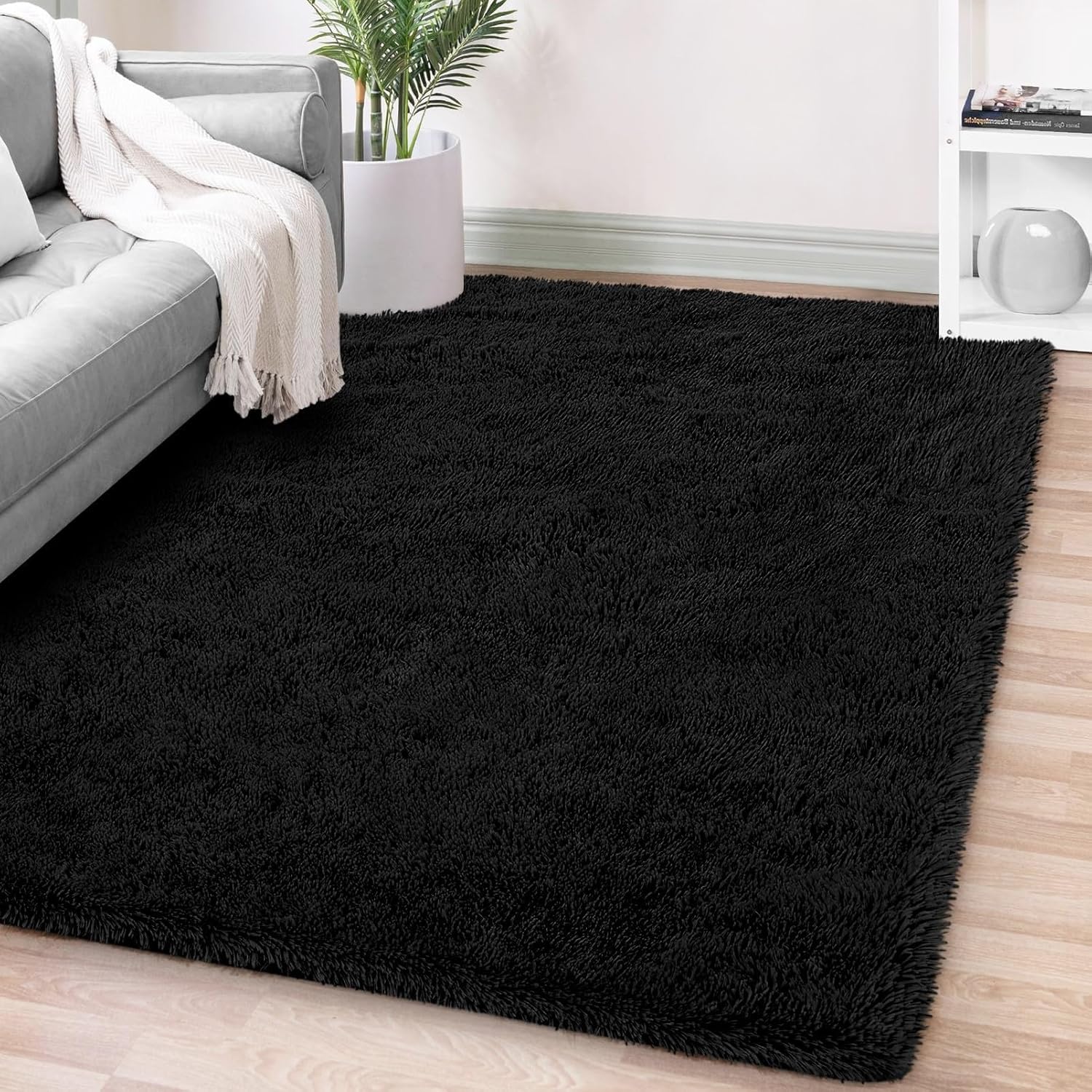 FVVRAX 5x7 ft Ultra Soft Shag Area Rug - Plush Fluffy Non-Shedding Carpet for Bedroom & Living Room, Modern Home Decor Bedside Rug for Kids Nursery Dorms, Easy Clean, Black Black (Rectangular)