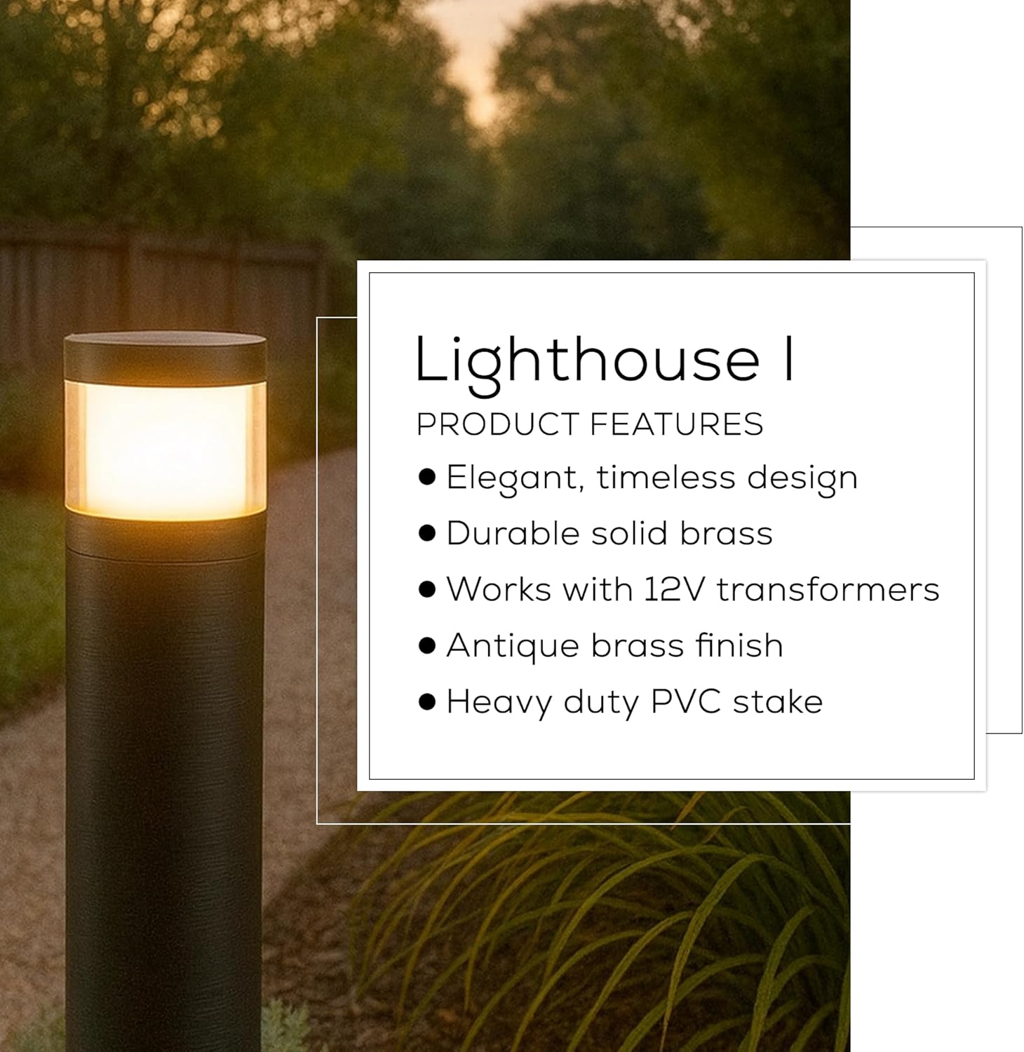 Light to Form® | Luxury Brass Low-Voltage Landscape Lighting | Lighthouse I Path Light | 12V Input | Antique Brass Finish | GU5.3 Socket | Frosted Lens | Ground Mount | Outdoor Bollard Fixture