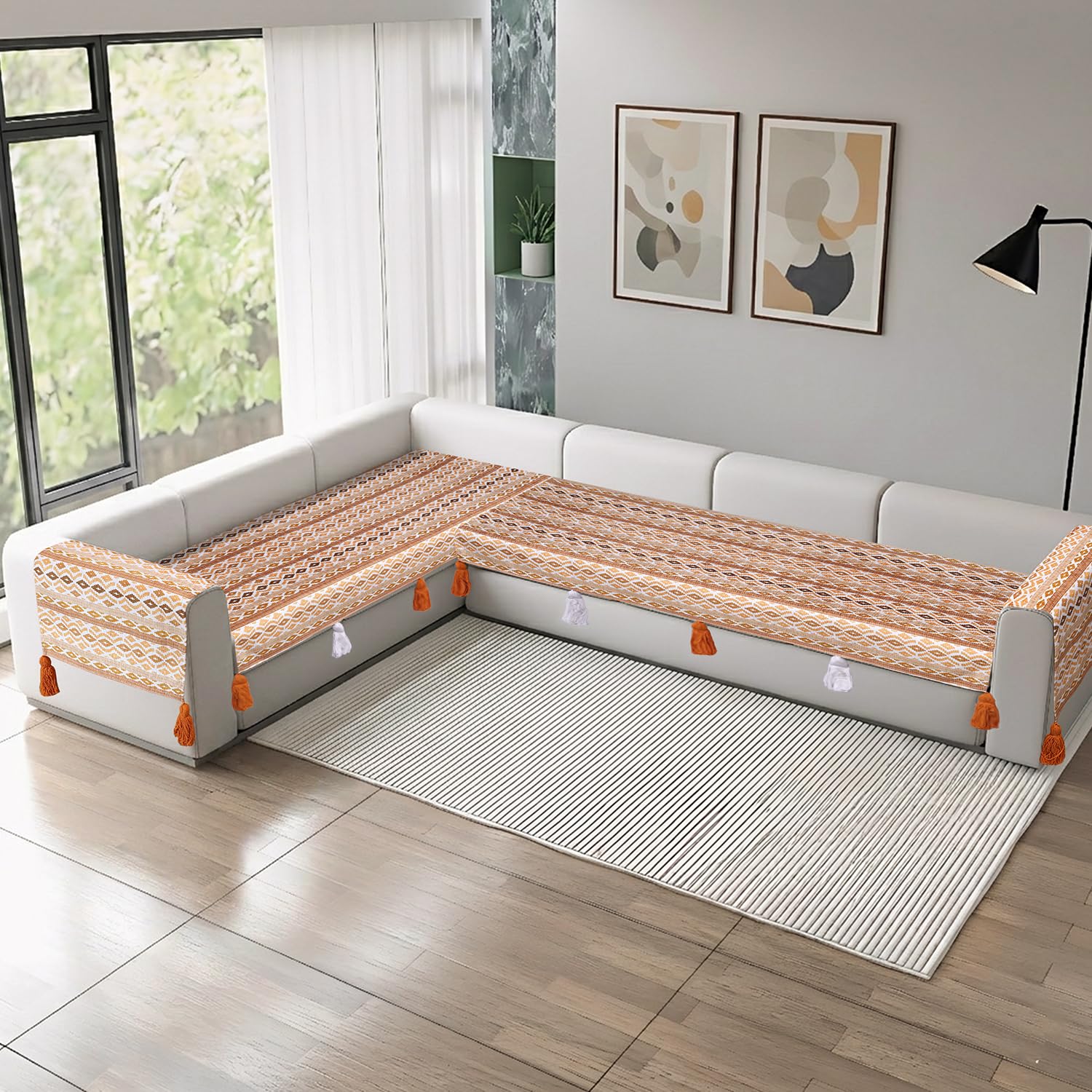 Fashion Throw 6 Seater L-Shape Sofa Cover with Arm Covers, Band Printed Texture, Sectional Couch Protector for Living Room-Pack of 2 (Yellow, L-Shape (3+3))-image-35