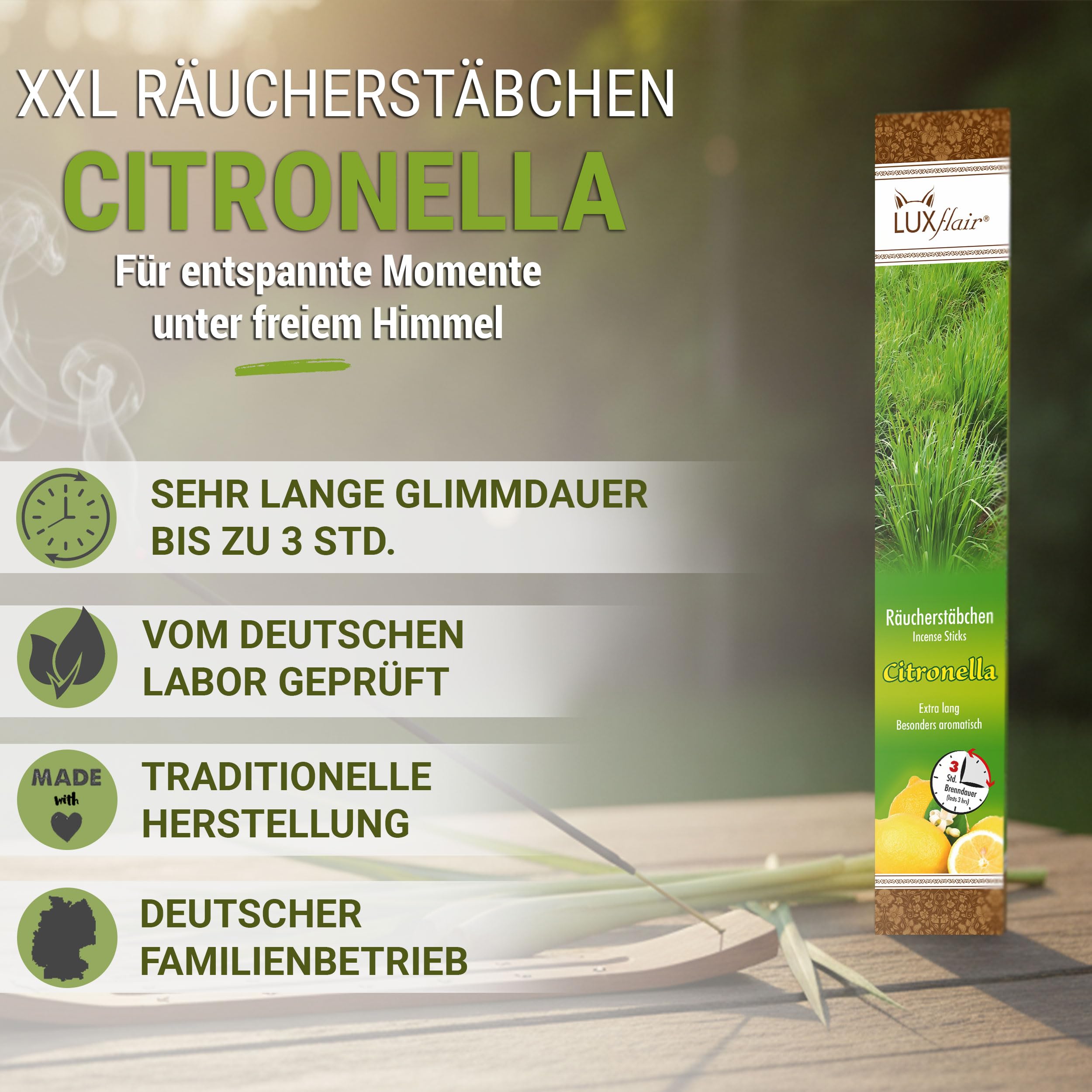 LUXflair XXL Set económico: 3 Paquetes de Varillas de Incienso Gigante Citronela 3x20 con hasta 3 Horas de luz por Varilla, para Uso en Exteriores, Incl. Soporte