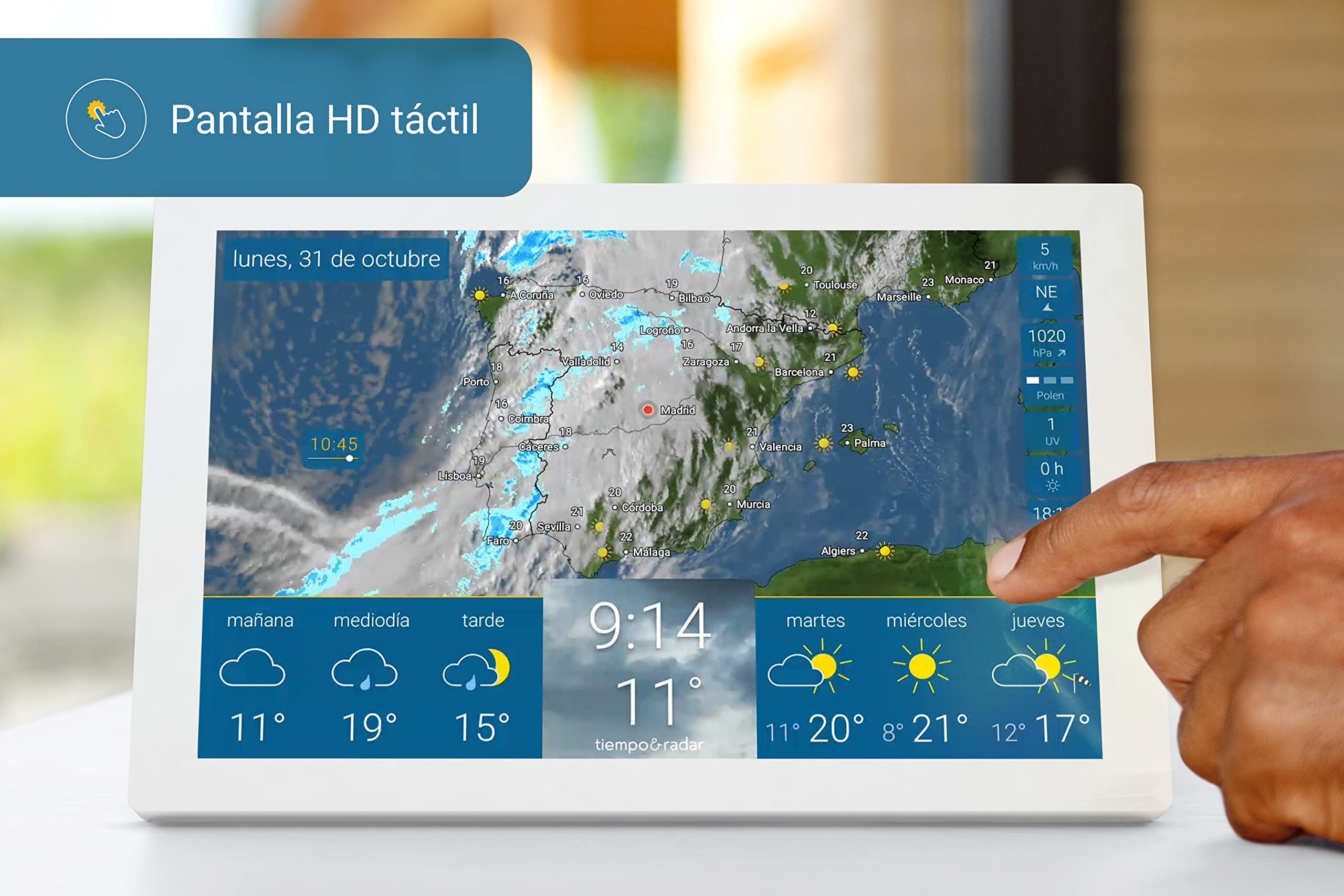 tiempo & radar home 2 – Estación meteorológica wifi inalámbrica táctil – Pronóstico y radar de lluvia, alertas, reloj digital, indicaciones de temperatura, viento