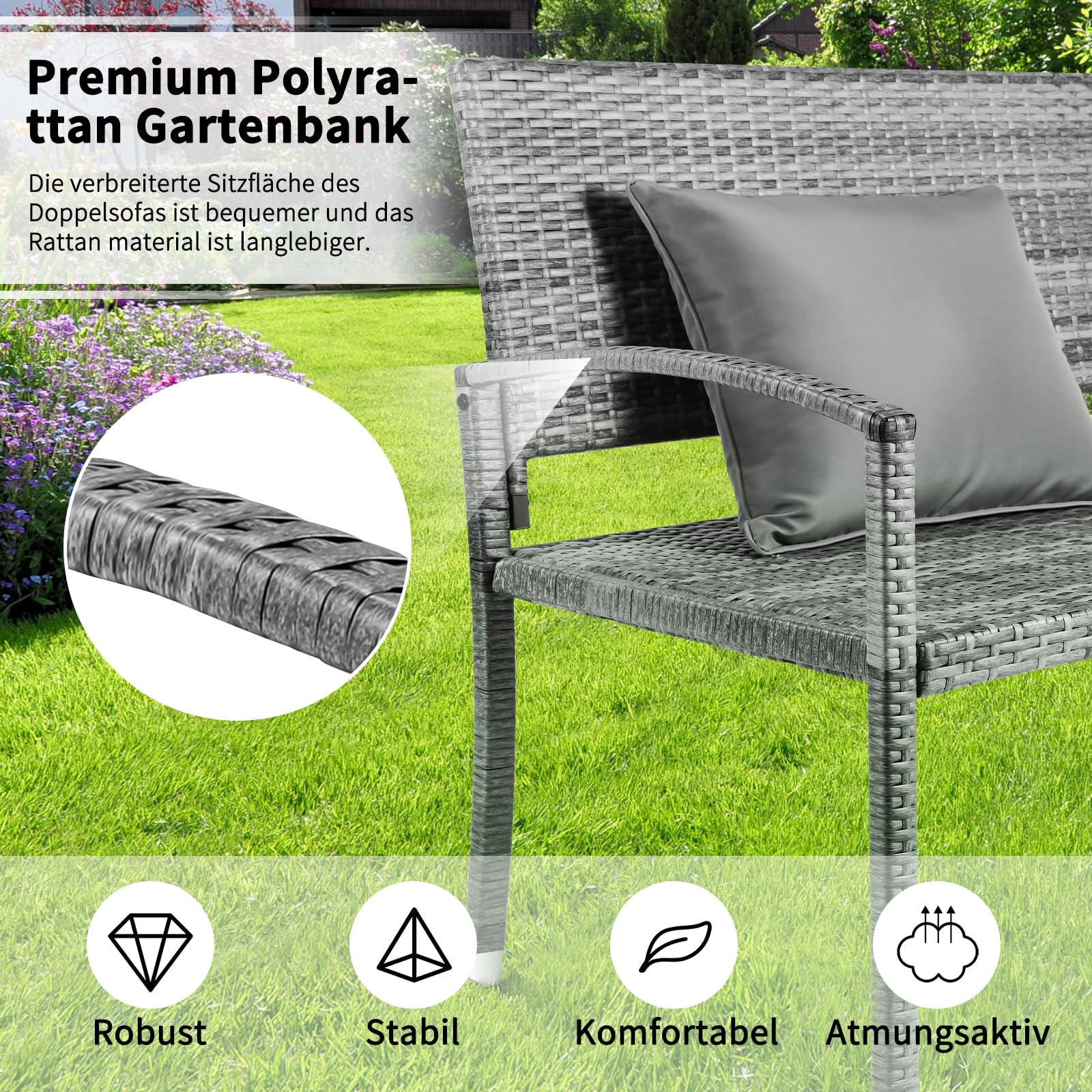 LIFERUN Banco de Jardín de Ratán, Mueble Poliratán Jardín 2 Asientos, Banco Terraza Exterior, Resistente Intemperie, Capacidad de Carga hasta 320 kg, Ratán de Doble Cara, 122x62x90cm, Gris