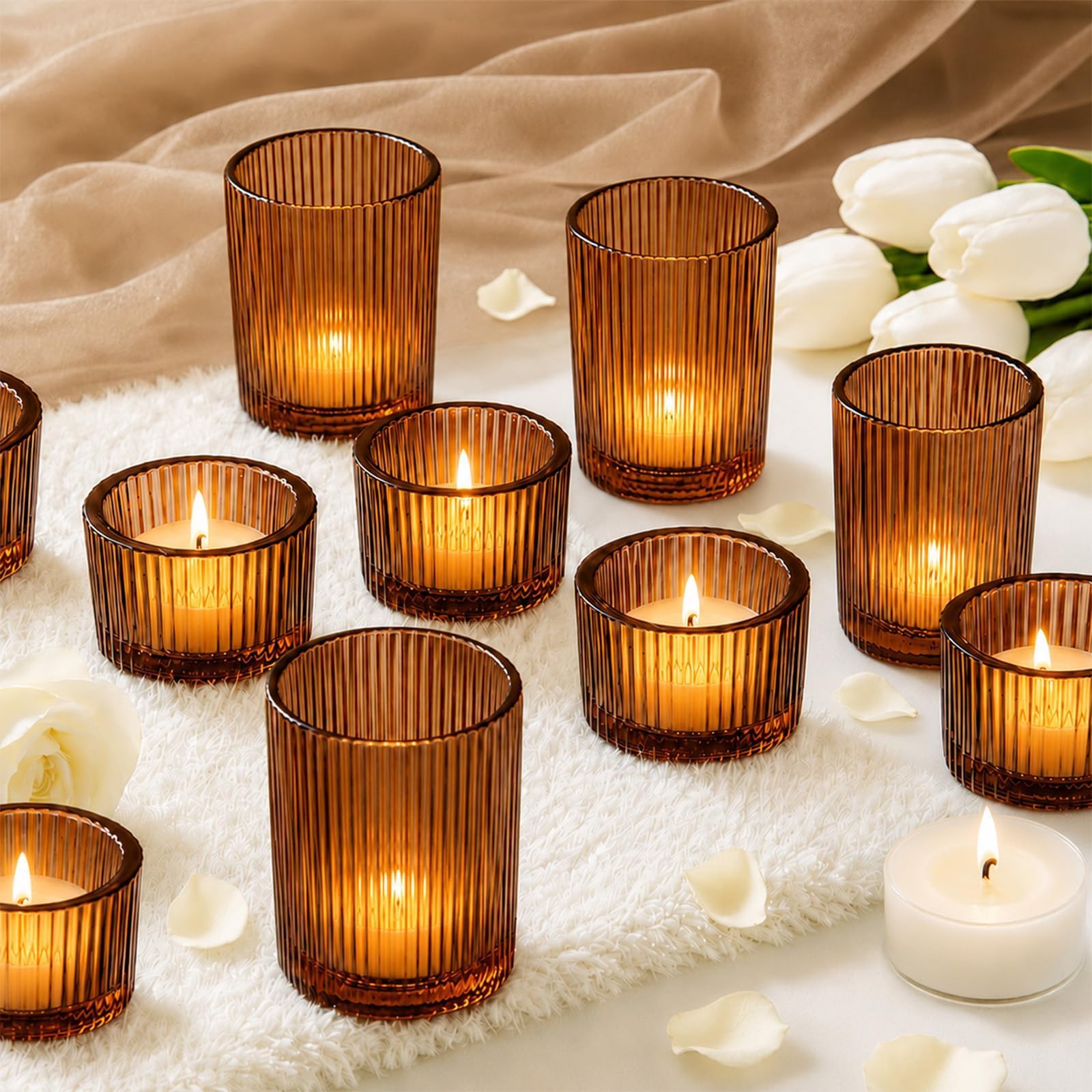 24 PCS Glass Tea Light Candle Holders 2 Size Bulk Amber Tealight Holder