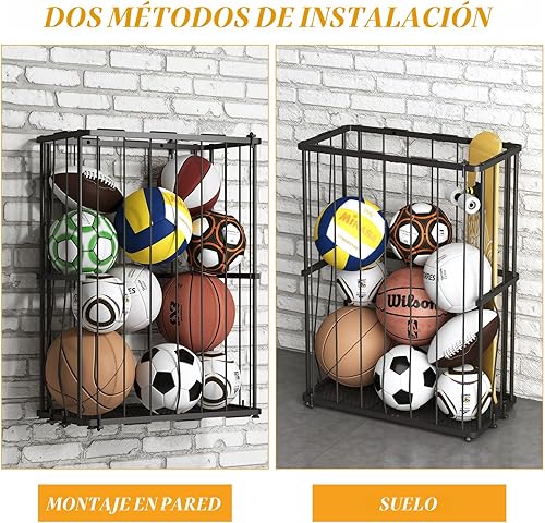 Miniatura 6 de Organizador de equipo deportivo de pared y piso para almacenamiento de pelotas de garaje Estante de pelota deportiva con cuerda elástica, soporte