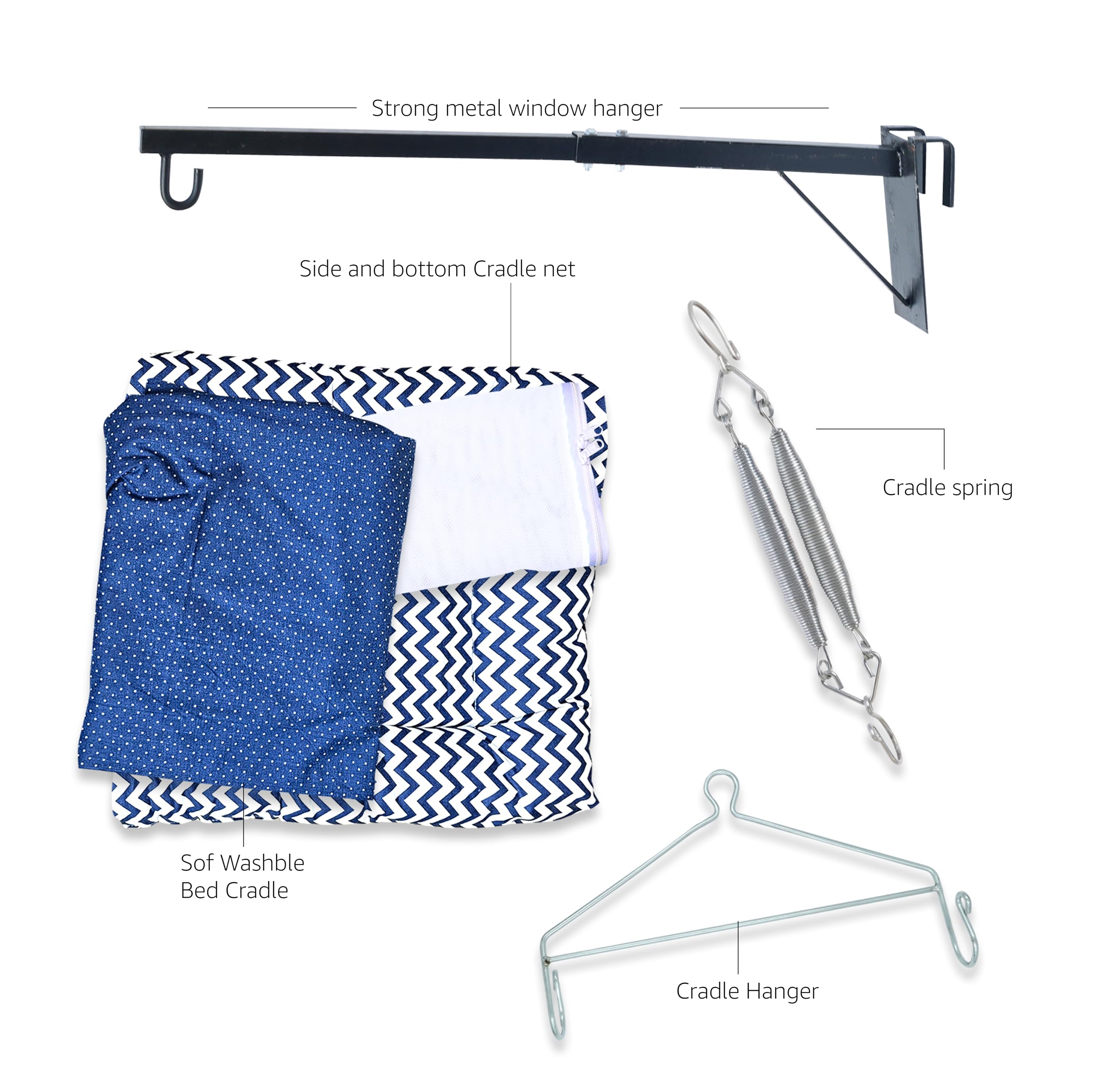 beetot Cotton Baby Cradle Swing/Jhula (Thottil Cloth, Palna, Dolna) Set | Hanging Cradle With Padded Bed, Mosquito Net, Spring, Triangle & Window Hanger | Up To 15 Kg | 0-2 Years | FS-Print Navy-15983 - Image 4 thumbnail