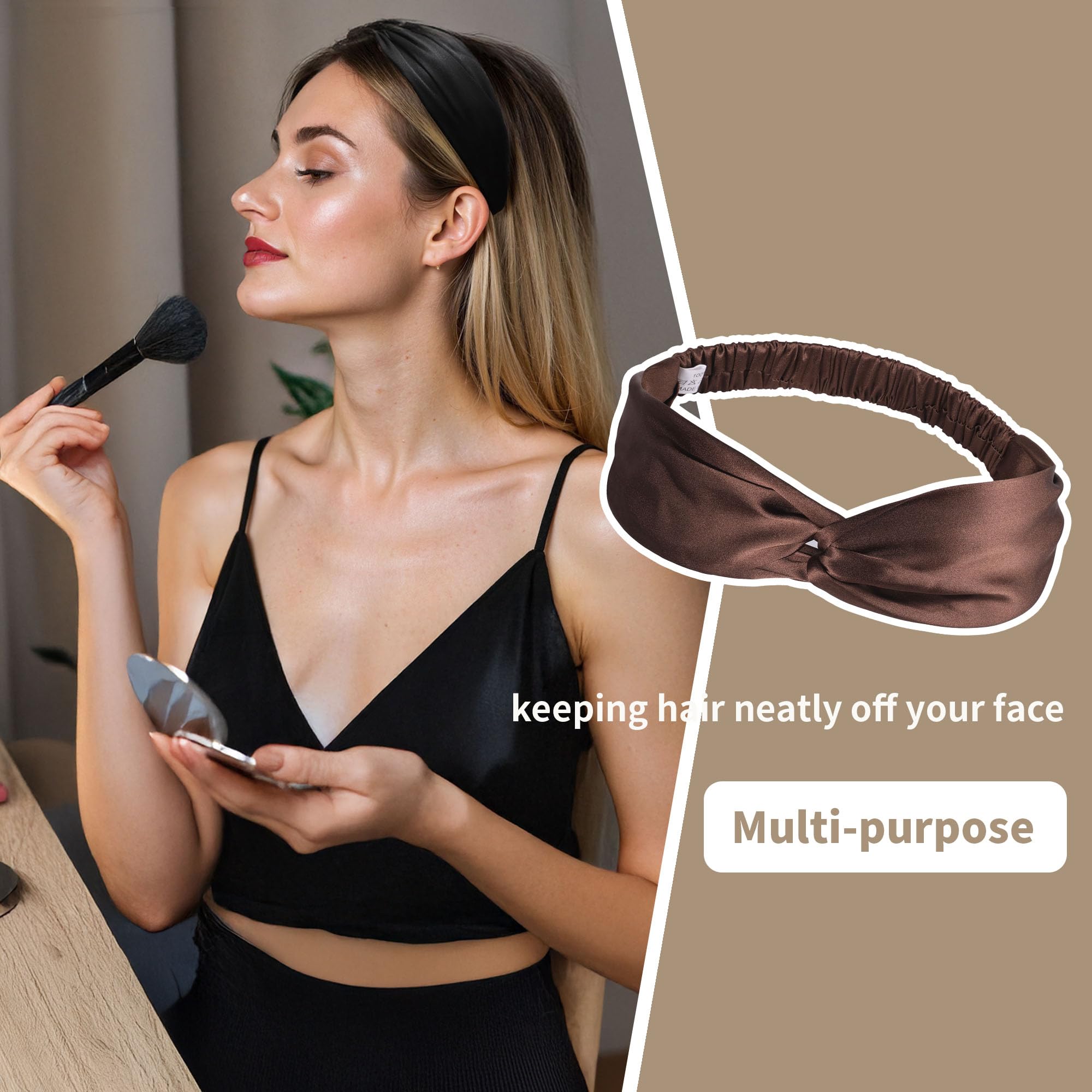ZLYC Mulberry Silk Headband Elastic Twist Knotted Head Bands for Women's Hair(Solid Coffee),One Size - Image 4
