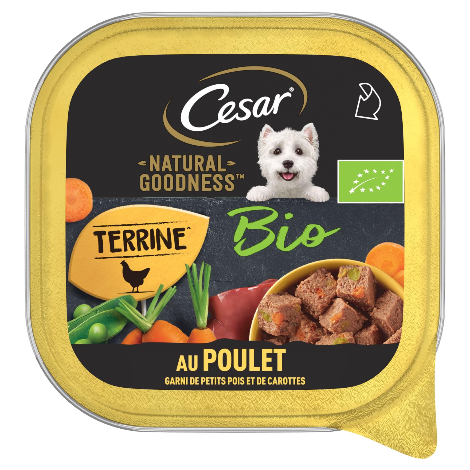Cesar Barquettes Natural Goodness Bio Terrine – Nourriture Humide pour Chien – au Poulet Garni de Petits Pois et de Carottes – Lot de 16 barquettes x 100 g