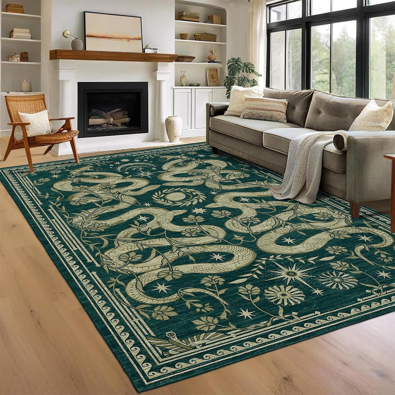 Snake 8x10 Rug for Living Room Washable Non Slip Forest Soft Low-Pile Stain Resistant Thin Large Throw Carpet for Bedroom Dining Room Office Blue Blue 8' x 10' (Rectangular)