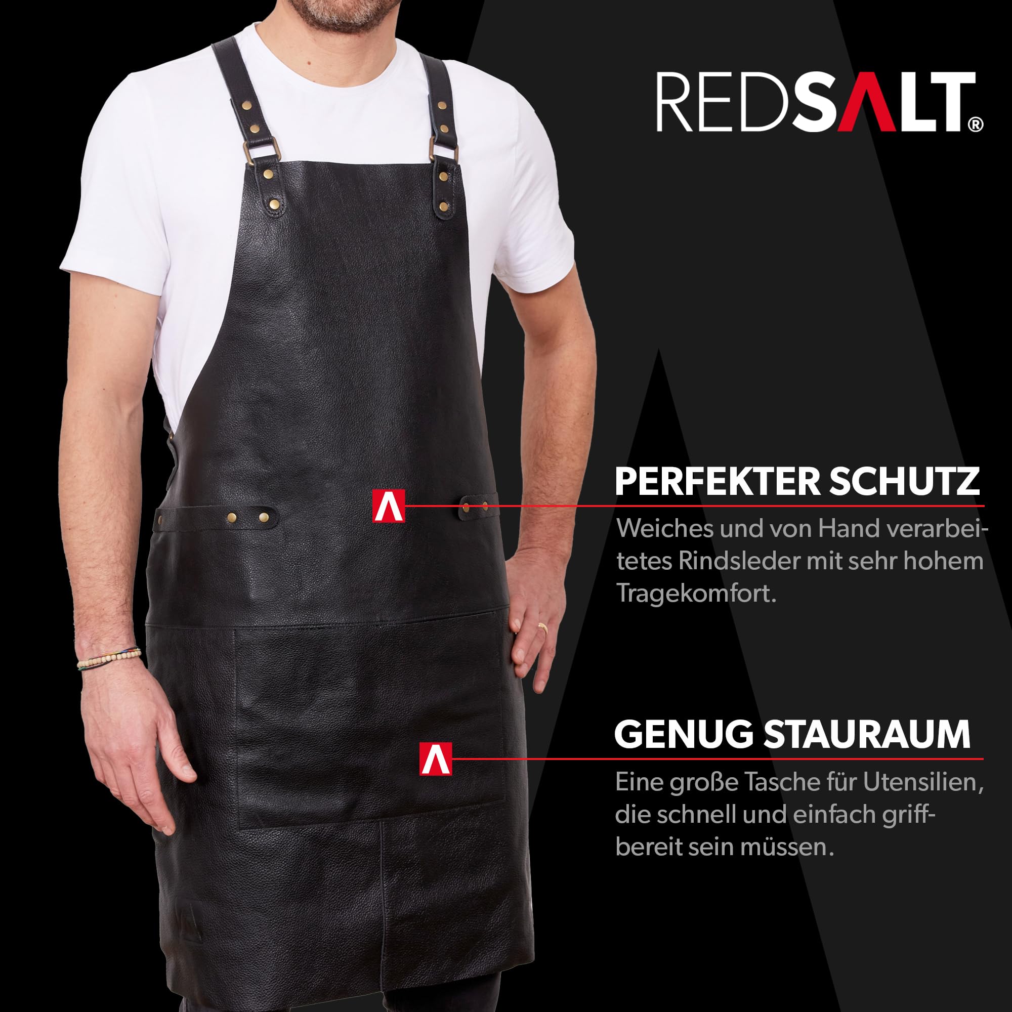 REDSALT® Fartuch skórzany klasy premium, 100% skóra bydlęca, 84 x 62 cm, crossback, profesjonalny fartuch do grillowania, fartuch roboczy, kuchnia, gastronomia, bar, barista | fartuch kuchenny,