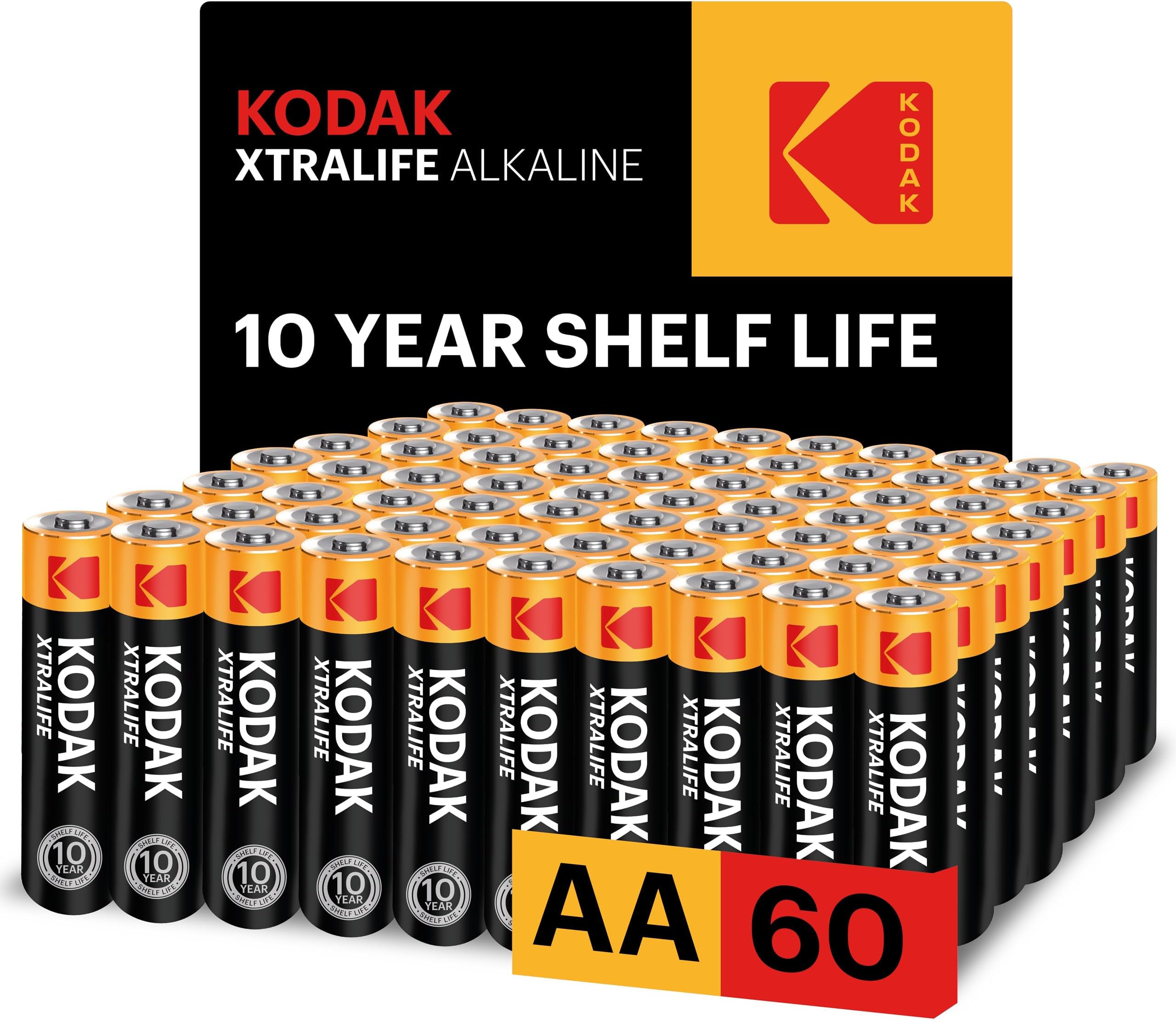 – Kodak Xtralife 60-Pack AA Batteries, Double A Alkaline Battery Pack, 1.5V, 10-Year Shelf Life, LR6, Ideal for High-Drain Devices, 12x More Power, Plastic Free Cardboard Outer Carton