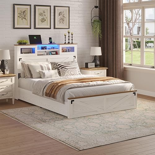 Hasuit Farmhouse Bed Frame Full Size with Bookcase Headboard and 2 Drawers, Wooden Platform Full Bed with LED Lights and Charging Station, Rustic Accent Headboard with Sliding Door, White