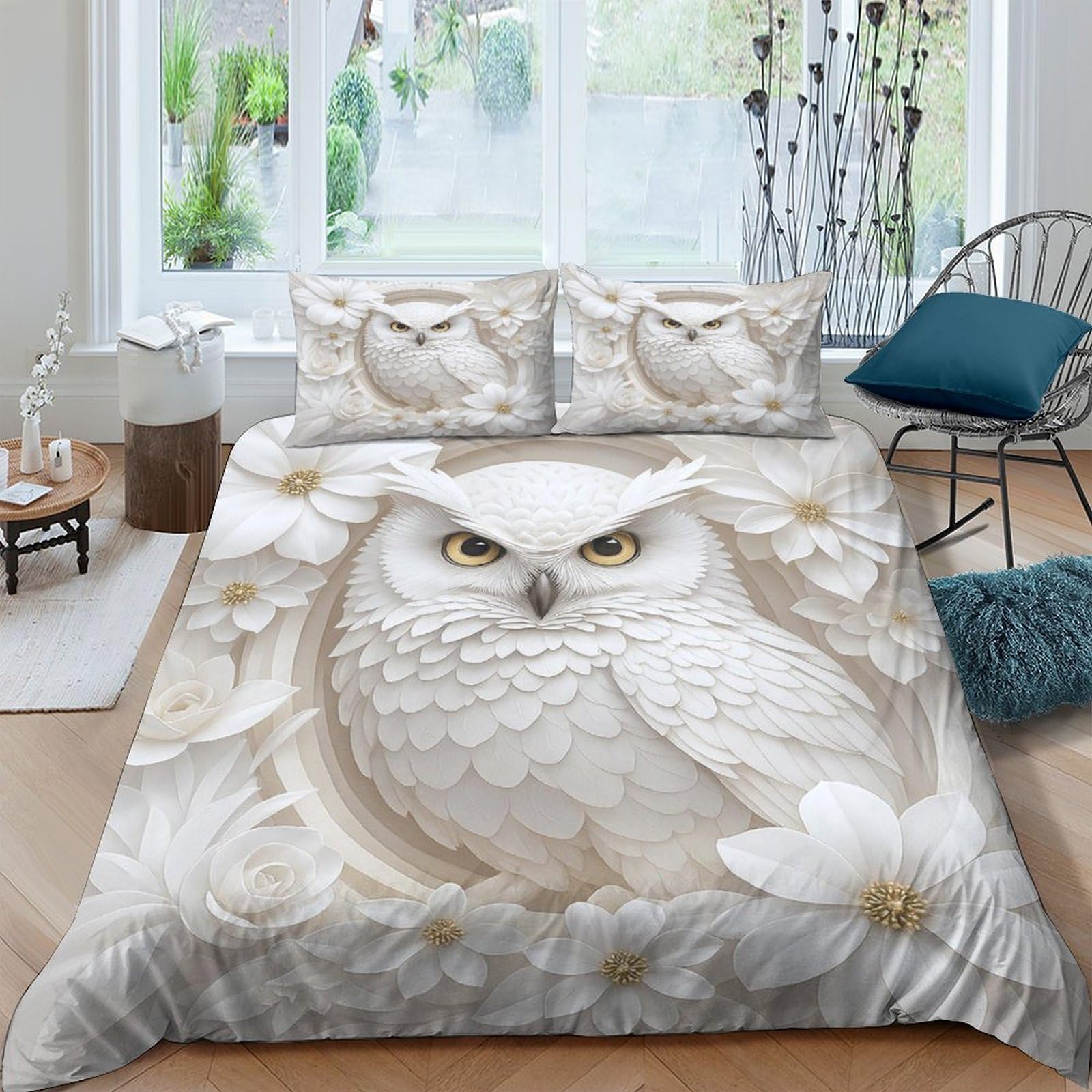 P5V6M1Q9 3D Printed White Owl Duvet Cover Microfiber Soft Breathable Floral Bedding Set with 2 Pillowcases for Bedroom Decor Single（135x200cm）