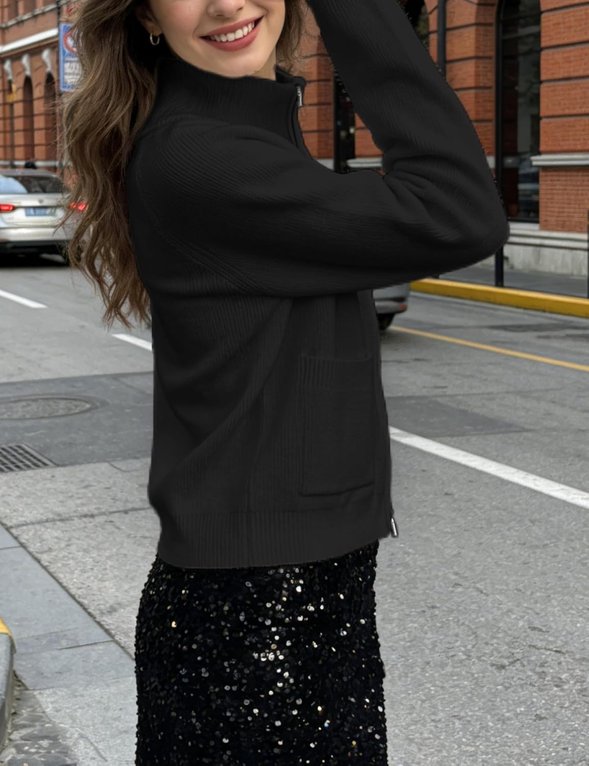 Womens Ribbed Zipper Cardigan Sweater Casual High Neck Long Sleeve Knit Jackets Tops Outwear Coat with Pockets - Image 5