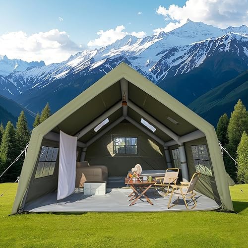 YOLENY Inflatable Tents for Camping, 4681012 Person Blow Up Tent with TPU Skylight, Mesh Windows,Stove Jack & Pump, Easy Setup 4 Season Glamping