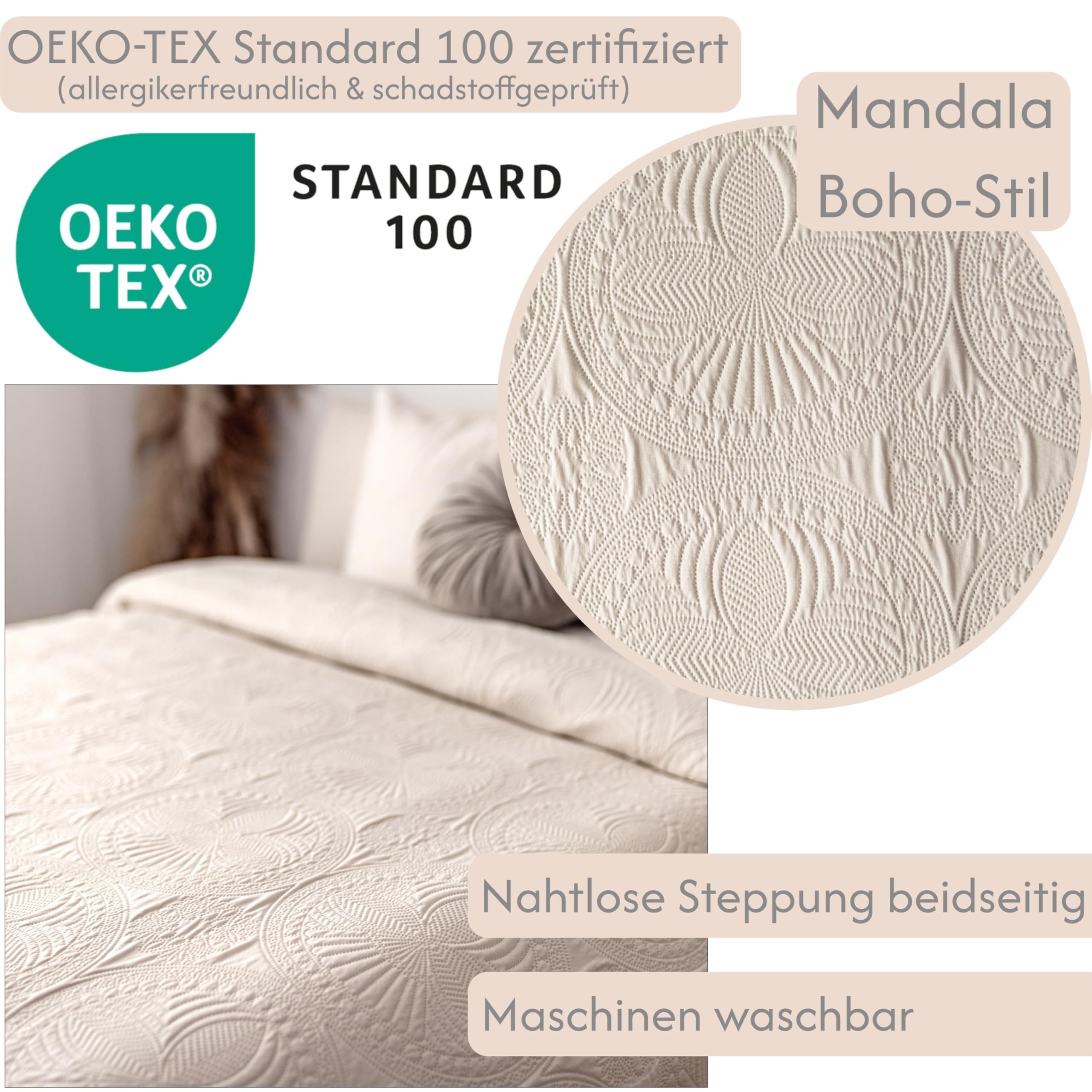 Tagesdecke 220x240 Bettüberwurf Tagesdecken - Überwurf Mandala Sofaüberwurf Steppdecke Sofa Decke Bett Überwurfdecke Tages Decken Betthusse XXL Überdecke Gesteppte (Creme)