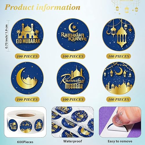 Miniatura 3 de Teling 600 calcomanías de caramelo Eid Mubarak, calcomanías de chocolate de Ramadán, Kareem de 0.75 pulgadas, mini etiquetas redondas para dulces