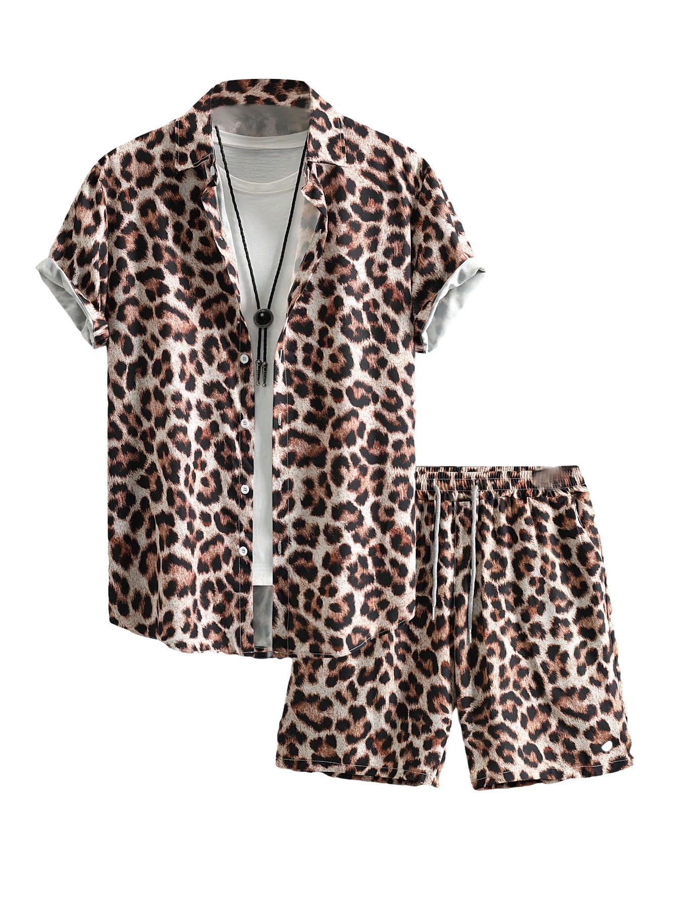 WDIRARA Mens 2 Piece Leopard Print Outfit Button Up Collared Short Sleeve Shirt and Drawstring Waist Shorts