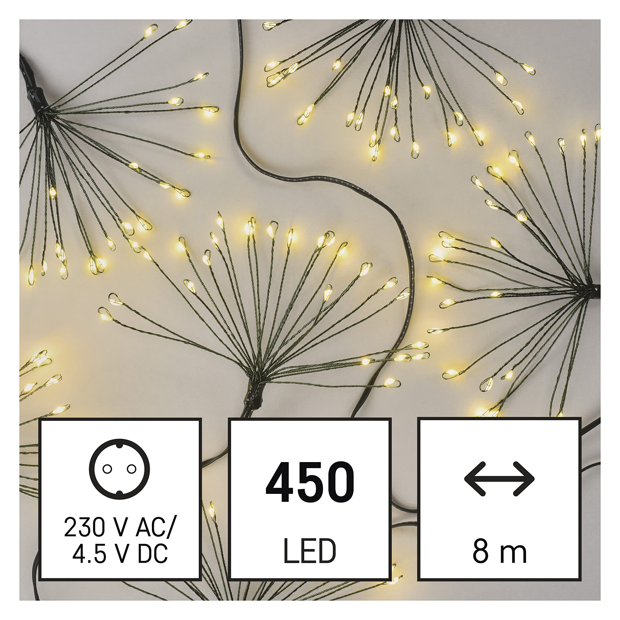 EMOS LED-Lichterkette warmweiß für Innen, 8 m lange Feuerwerk Weihnachtslichterkette NANO, 6 Stunden Timer Funktion, Netzteil und Transformator, für Partys, Weihnachten, Deko, grünes Kabel