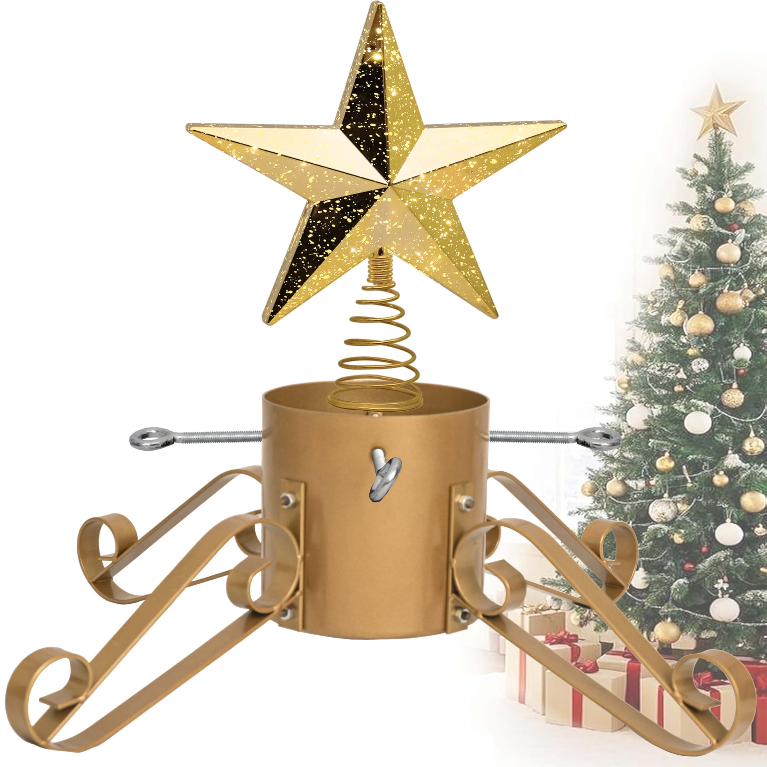 Photo 1 of 10FT Christmas Tree Stand for Real & Artificial Trees, 24" Base Holds up to 10 ft Live Trees & 3D Tree Topper with Timer, 20 Clear Lights & 8 Light Modes (Gold)