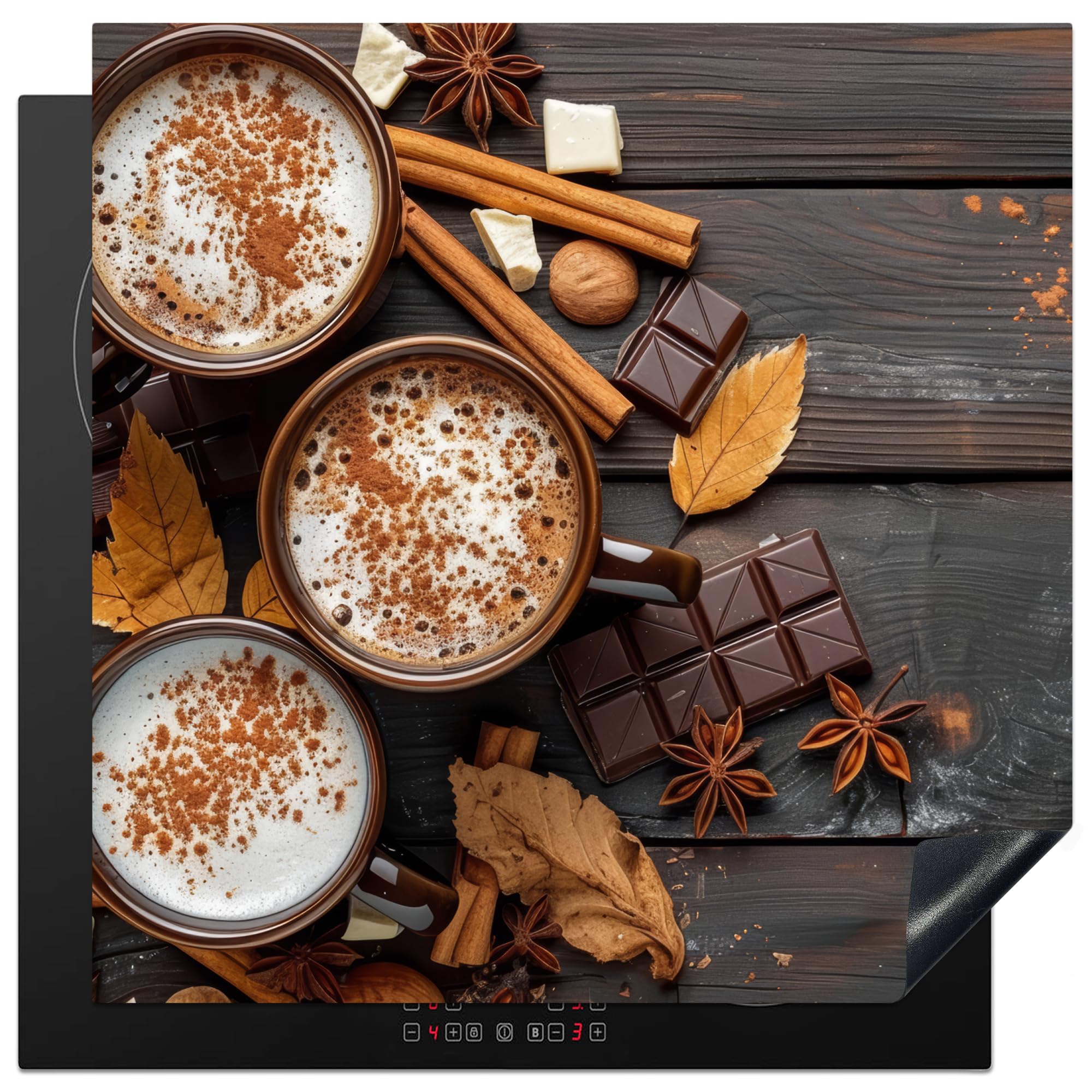 KitchenYeah© Induction Hob Cover Protector Mat 30.7"x30.7" / 78x78 cm Kitchen Universal Ceramic Covers for Electric Cookers Vinyl Chocolate - Autumn - Leaves - Wood Print - Still Life