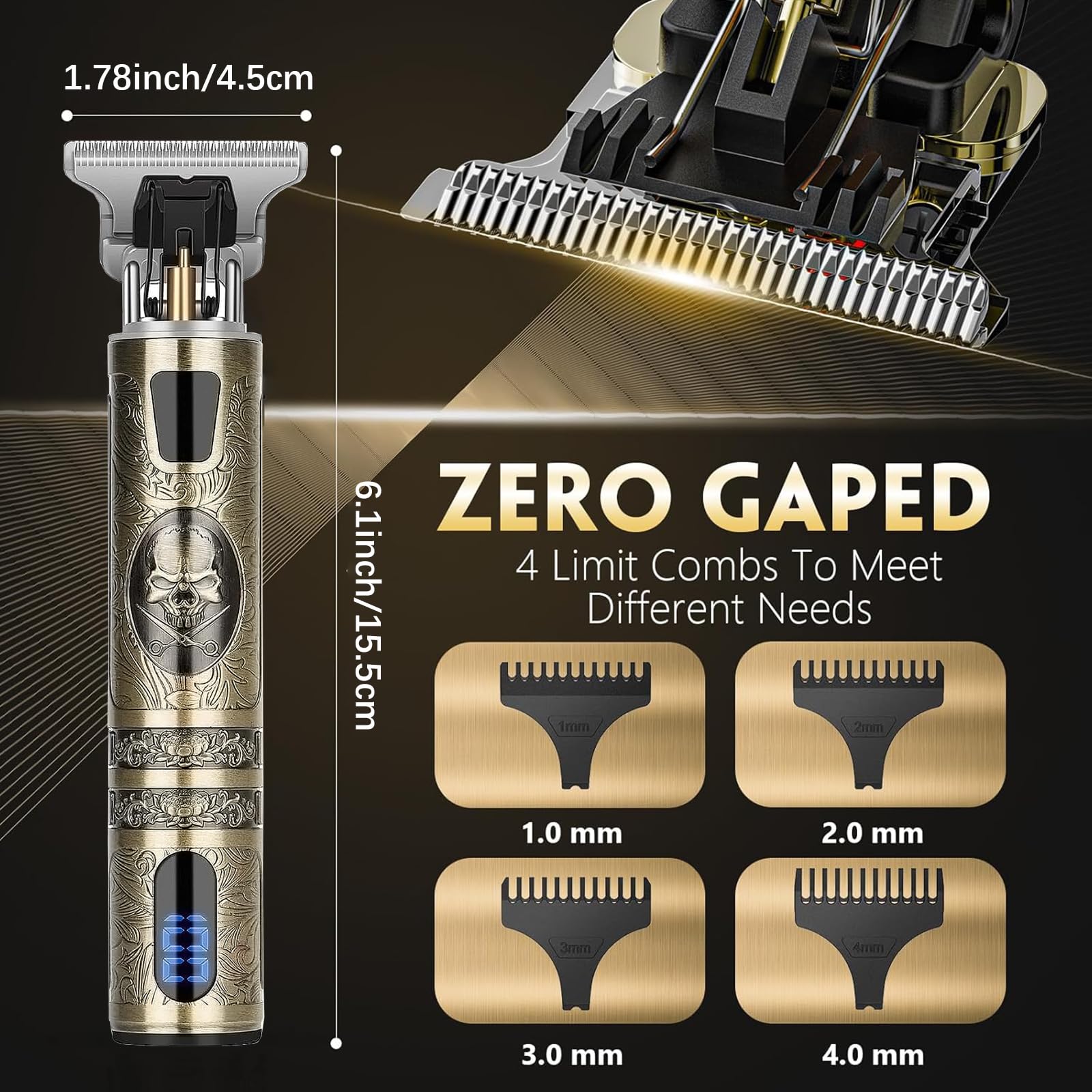 Máquina de Cortar Pelo Profesional Cortapelos Hombre Barba Cuchilla T Zero Gap Recargable USB Impermeable 4 Peine 1.5-4mm