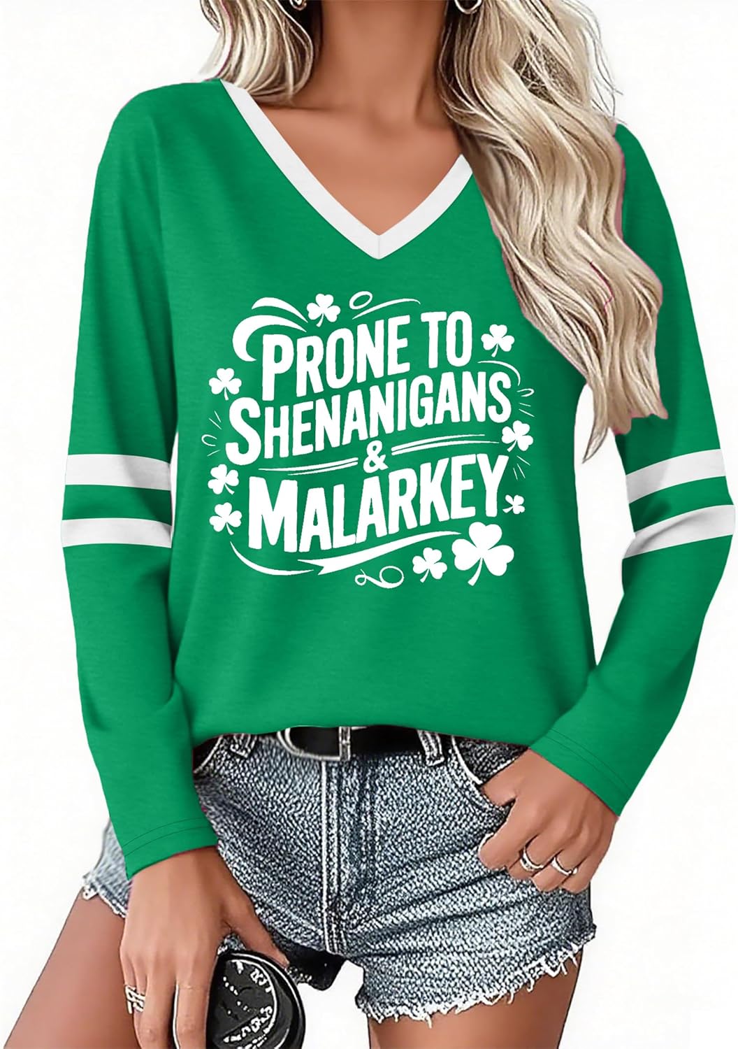 St Patricks Day Shirts for Women Lucky Shamrock Graphic T Shirt V Neck St Patrick's Day Long Sleeve Tops - Image 2