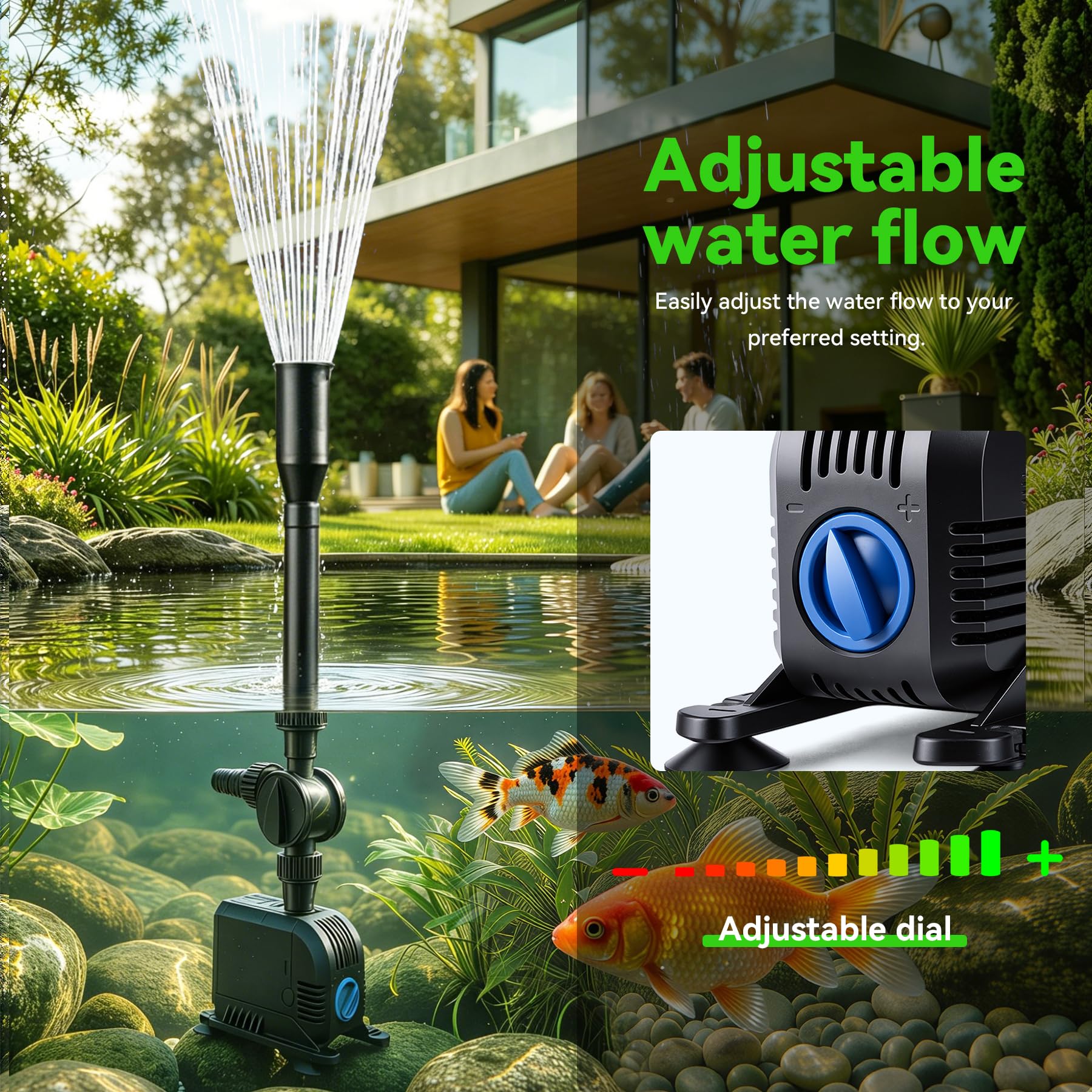 Pompa per Fontana da Giardino 1500L/h 25W, Pompa per Laghetto Sommergibile con Filtro e Ugelli, Risparmio Energetico per Decorazioni Acquatiche
