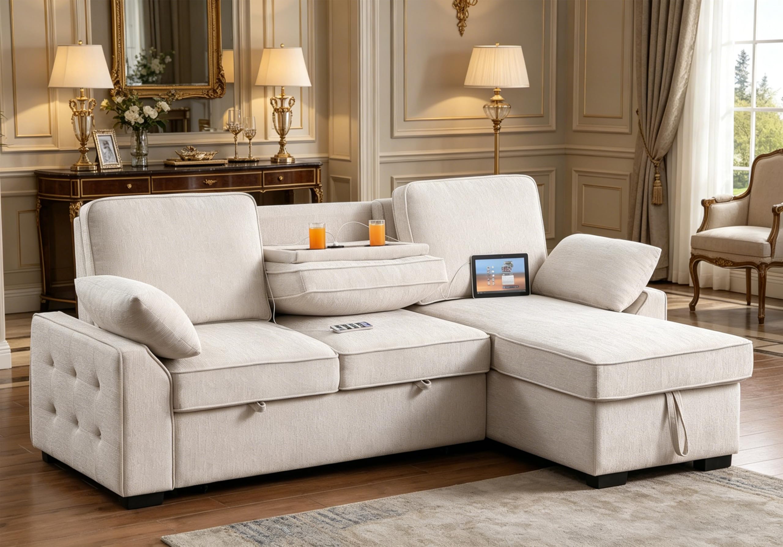 ERYE L-Shaped Pull Out Sleeper Couch Bed, Modern Chenille Upholstered Button Tufted Corner Couch Reversible Sectional Sleeper Sofa Bed W/Storage Chaise, Cup Holders(Box 2 of 4 only)