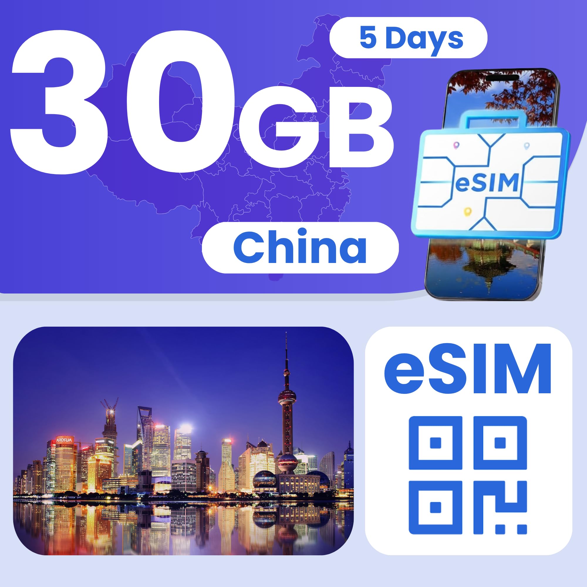 China eSIM 30GB 5-Day 5G LTE Hotspot No Physical SIM