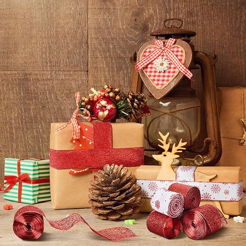 Miniatura 10 de Cindeer - 5 rollos de cinta de Navidad con alambre de malla metálica con purpurina, cinta de Navidad para arcos de árbol, surtido de 50 yardas,