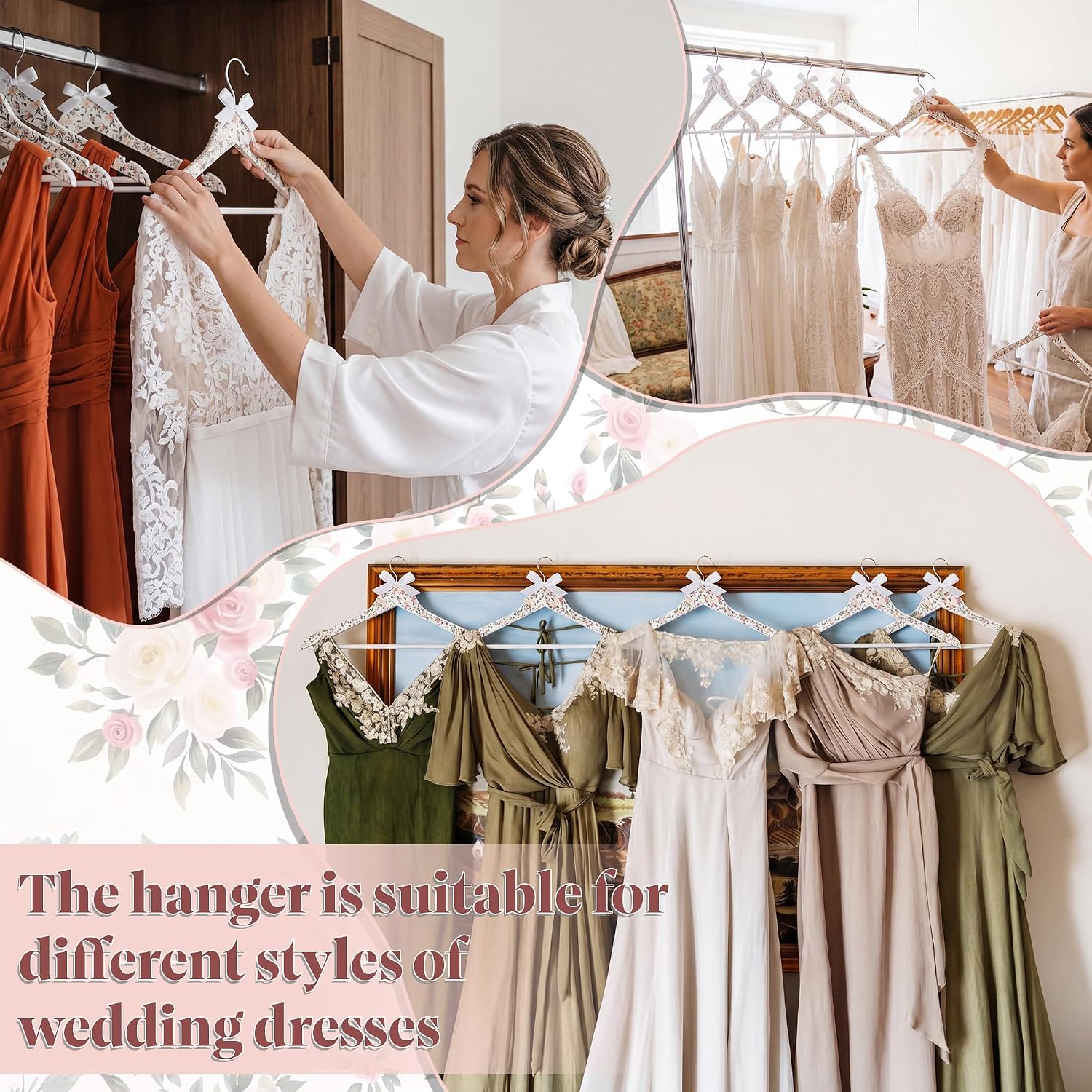 Junkin 6 Pcs Bridesmaid Hangers for Wedding Dress White Floral Bride Wooden Hanger for Bride Cute Bow Hangers for Bridal Shower Party Gift Tuxedo Photo