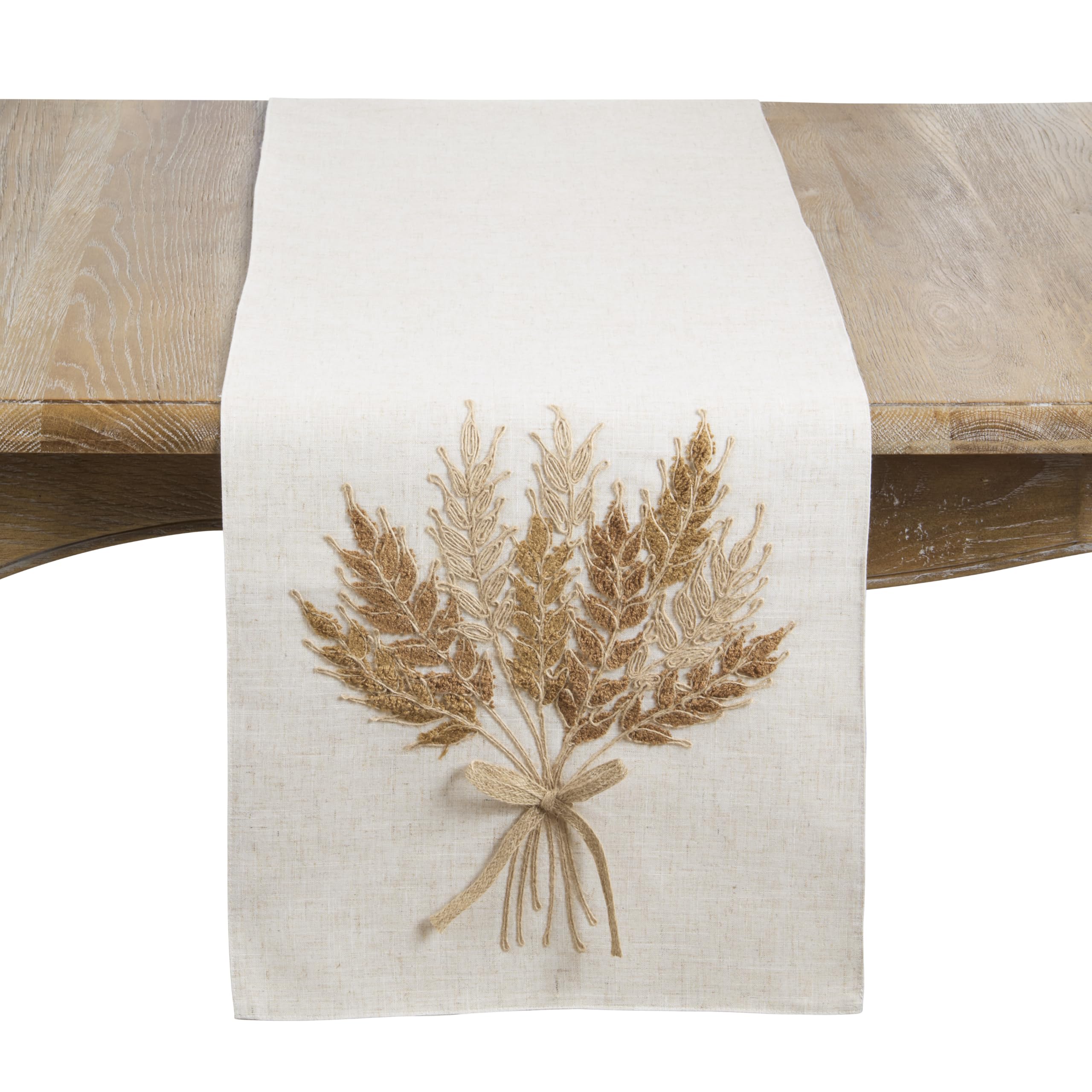 SARO LIFESTYLE Embroidered Autumn Wheat Linen Blend Table Runner - Decorative Fall Table Runner for Harvest Dining Tables, Seasonal Entertaining, and Rustic Farmhouse Tablescapes, 16"x70", Natural
