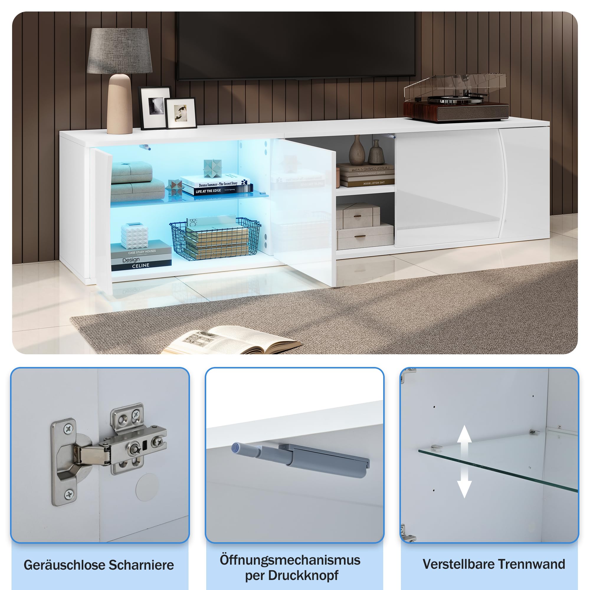 Mobile per TV, lunghezza 180 cm, con 3 ante per TV da 80 pollici, grande capienza, pannello TV basso in truciolato, per soggiorno, mobili, tavolo, credenza, bianco