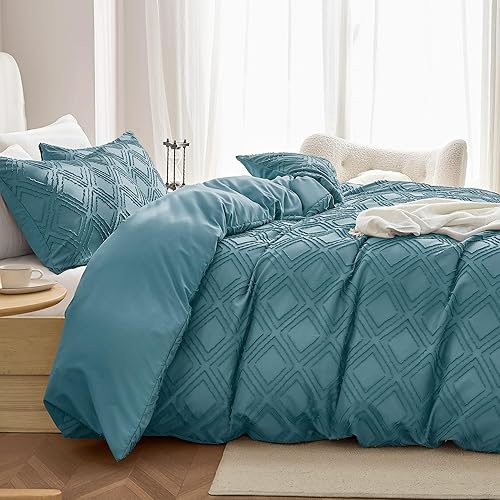 Miniatura 7 de JELLYMONI Juego de funda de edredón azul grisáceo, talla individual, 3 piezas, microfibra, estilo capitoné, texturado, bohemio, patrón geométrico de