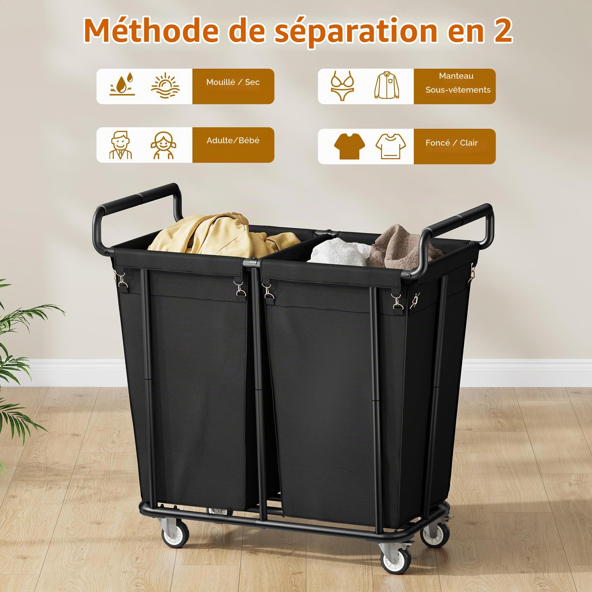 Gewudraw Panier à Linge, 360L Chariot Linge Sale, 2 Compartiment Bac Linge