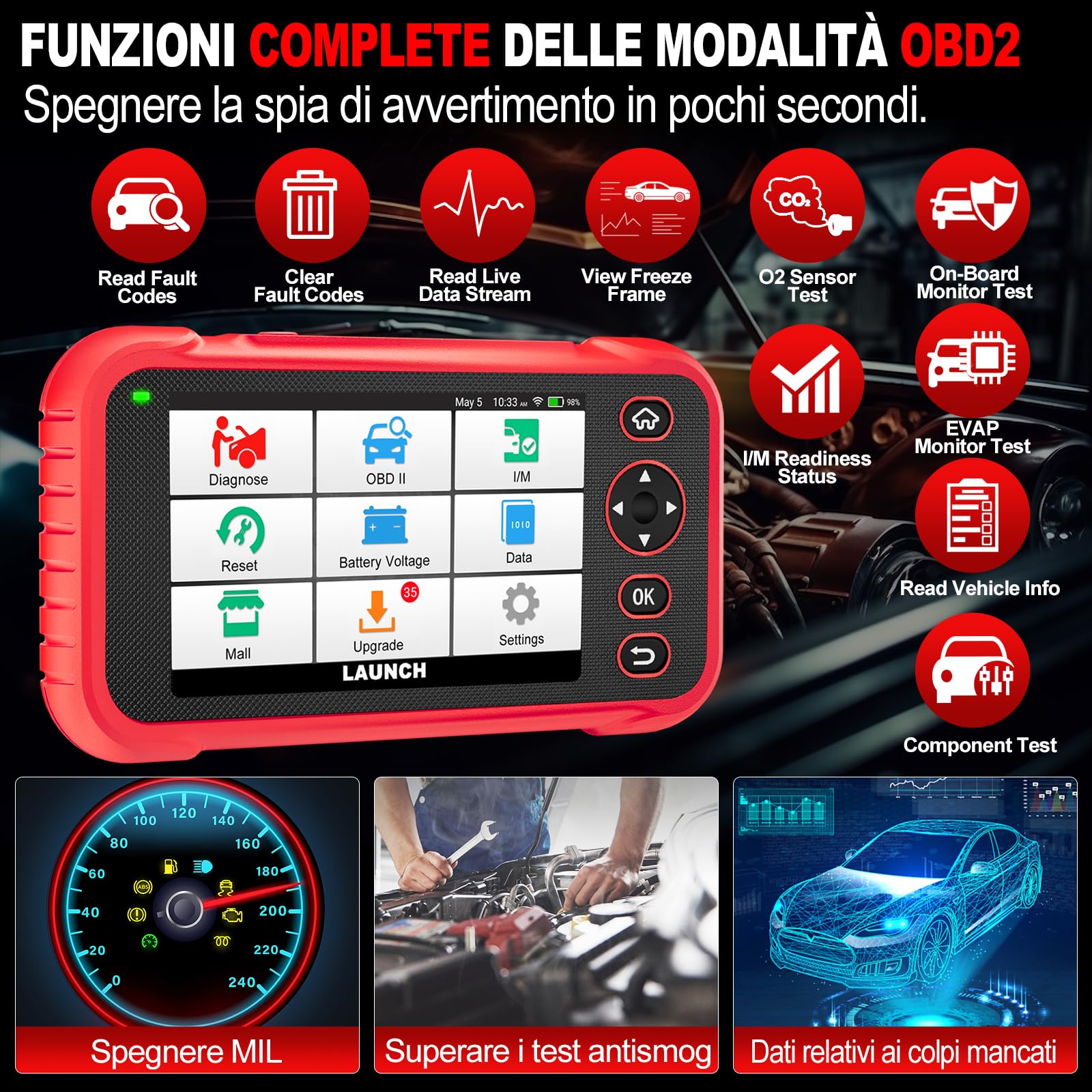 LAUNCH CRP129E Plus V3.0 OBD2 Auto Diagnostica Tutti gli Scanner Sistema con 12+ Reset, ABS/Iniettore/Olio/Valvola A Farfalla/EPB/DPF/SAS/TPMS/Bilanciamento Batteria, Aggiornamenti WiFi a vita