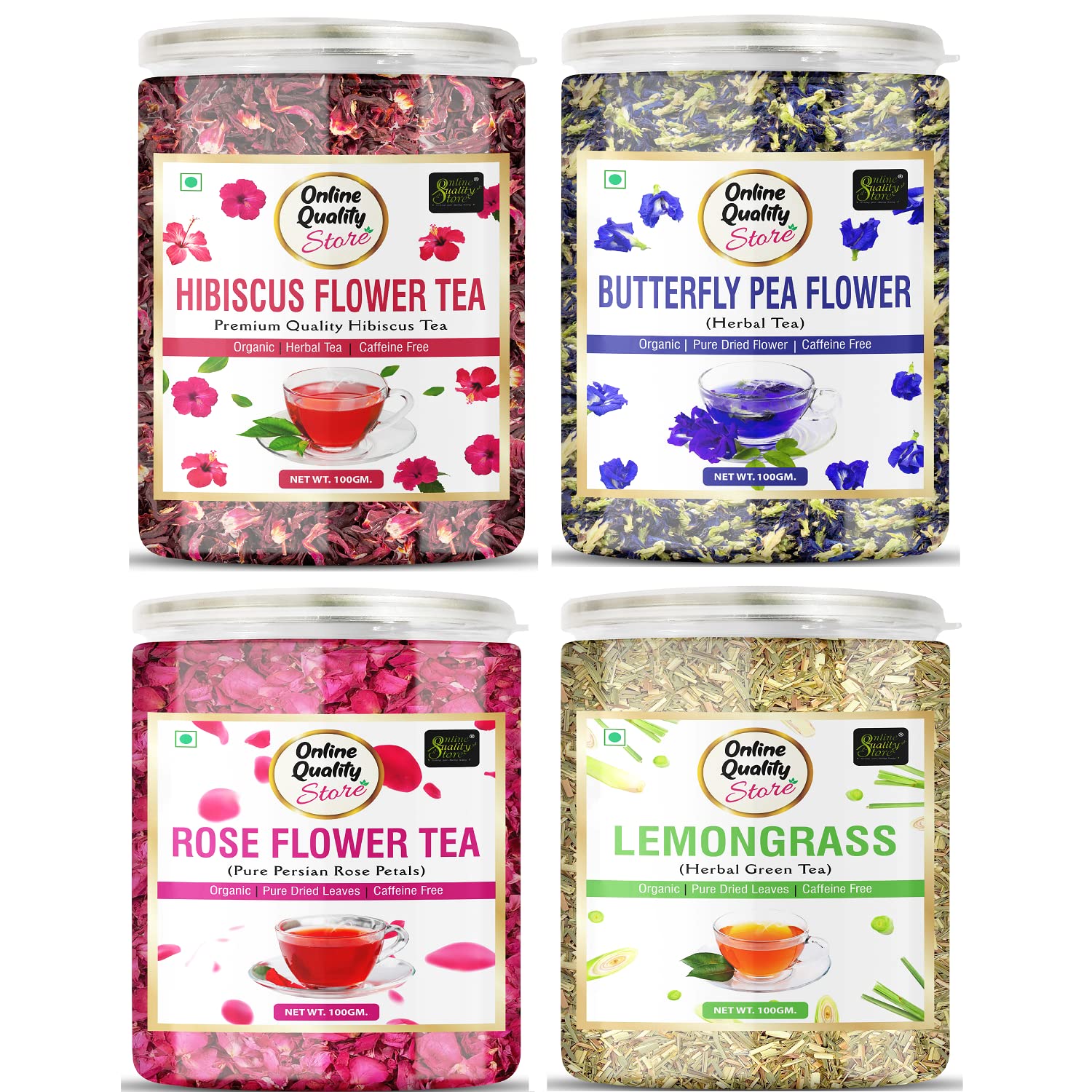 Online Quality Store Organic Hibiscus Flower Tea, Butterfly Pea, Rose, Lemongrass Combo-400g(100g x 4 Pack)|Caffeine Free Herbal Tea Used for Iced Tea Cocktails, Mocktail & Syrups