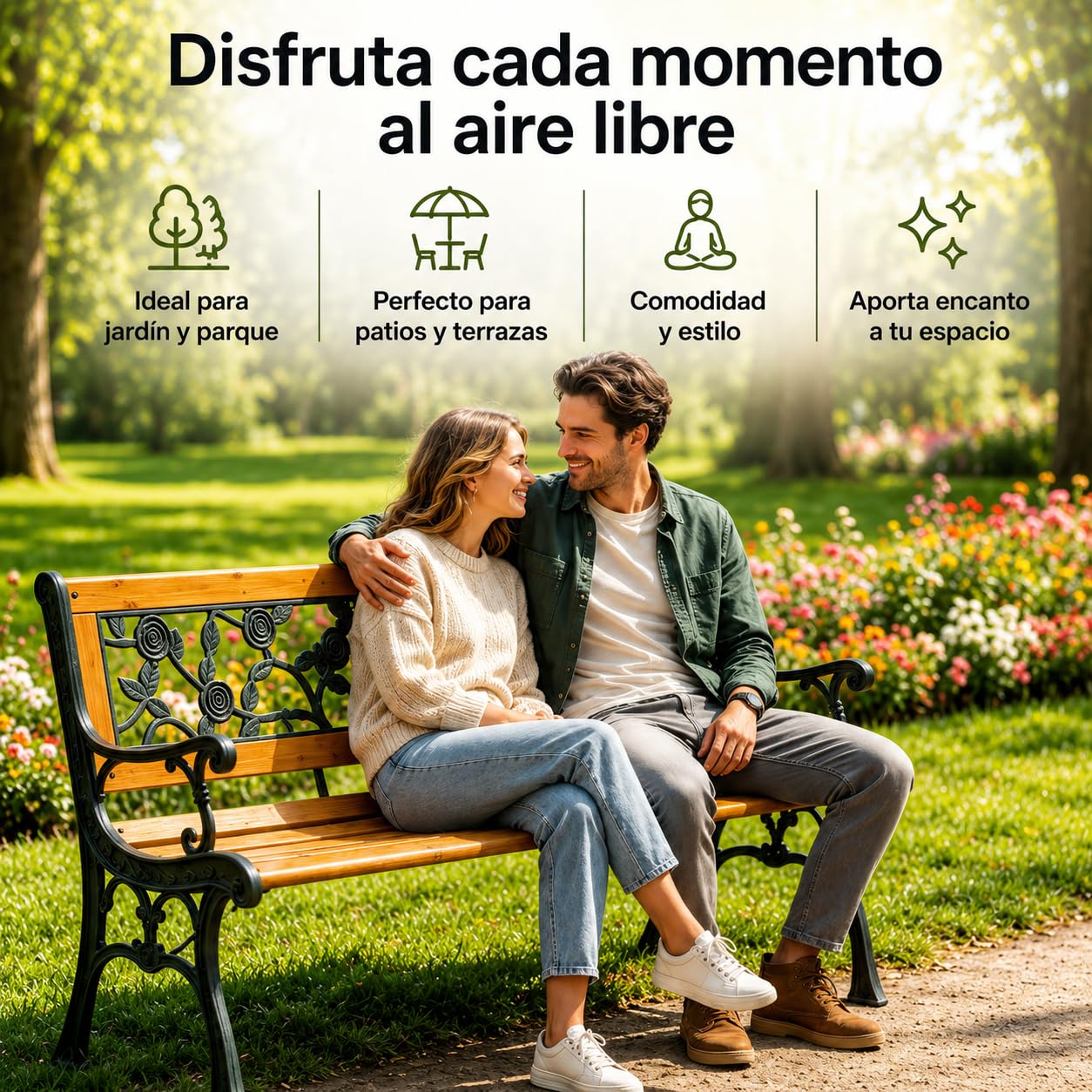Banco de Jardín Exterior Madera Metal 2 Plazas Respaldo Floral Vintage Estructura Resistente
