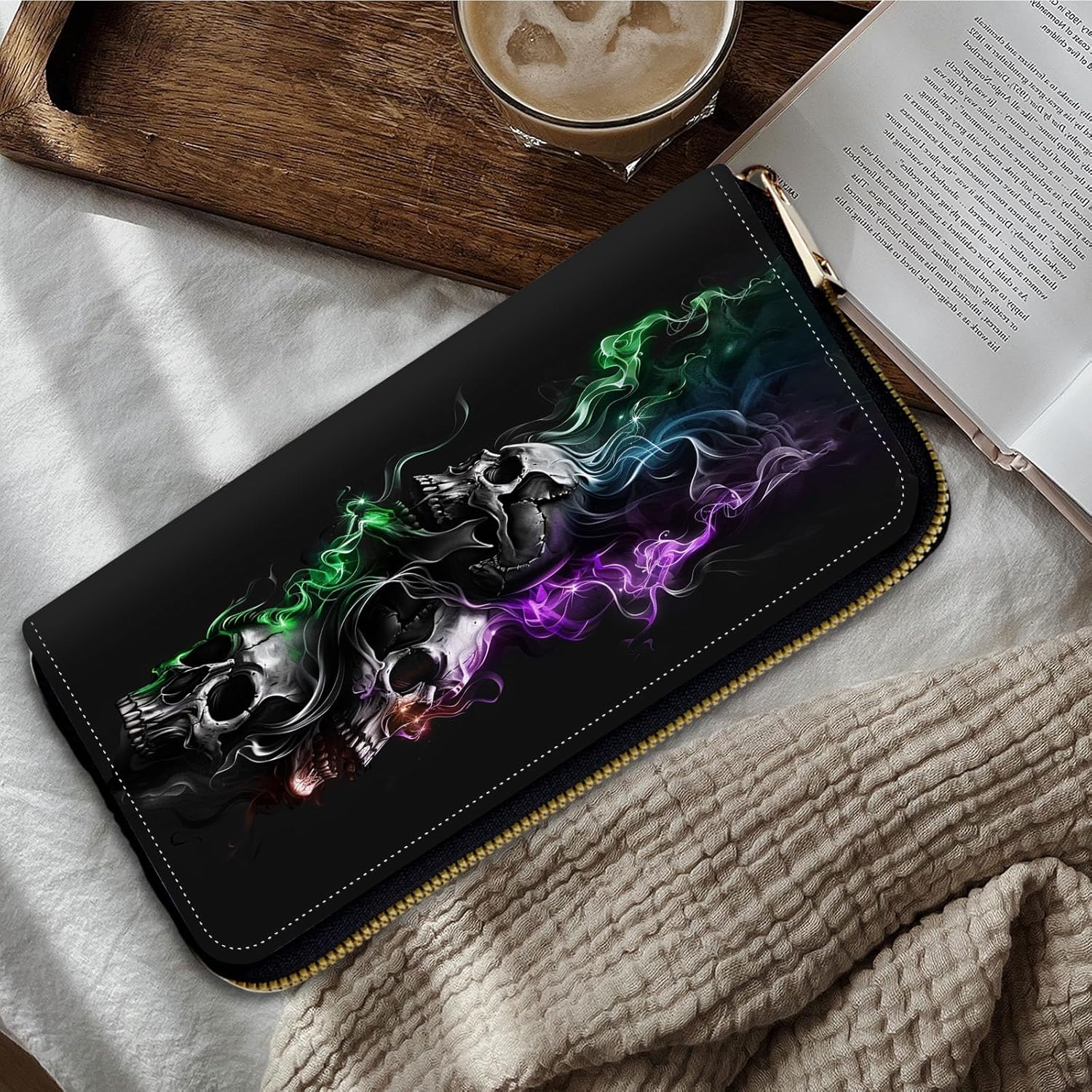 Women Wallets,Large Capacity Clutch Purse for Women Ladie Men Wallet Clearance Credit Card Holder PU Leather Handbag Clutch Purse-Smoke Skull