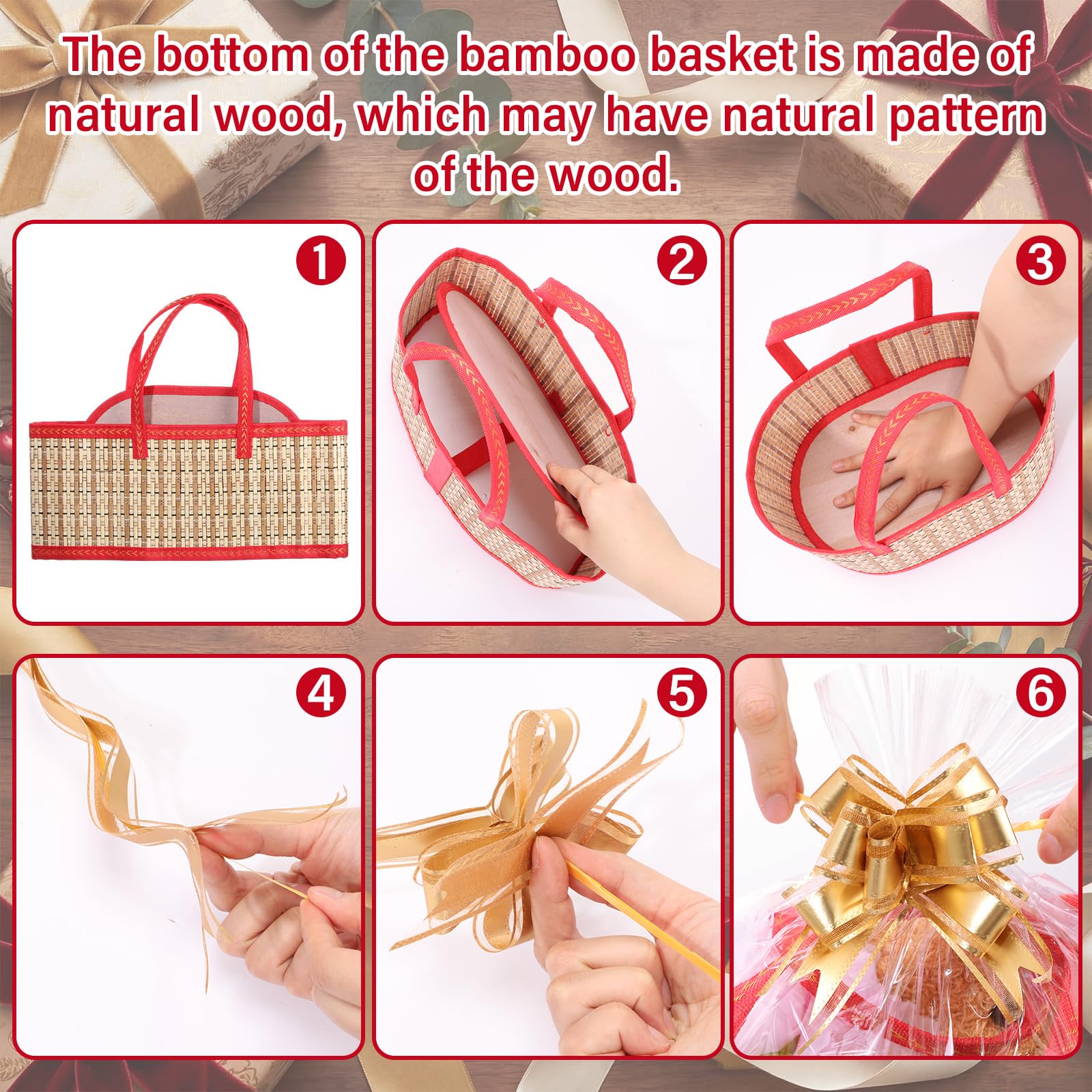 Reallnaive 1 set di cesti regalo vuoti in bambù intrecciato con sacchetti regalo trasparenti con nastro a fiori pieghevoli con manico per festa della mamma, battesimi, compleanni, feste, inaugurazione