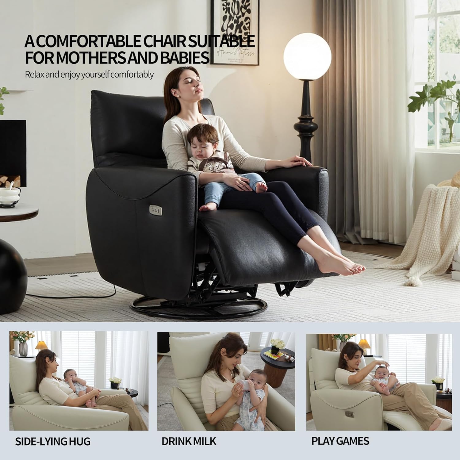 Power Recliner Rocker Chair with Swivel & Glider, Leather Upholstered Reclining Chair for Nursery & Living Room – Ideal for Breastfeeding, Nursing & Relaxation (Black)