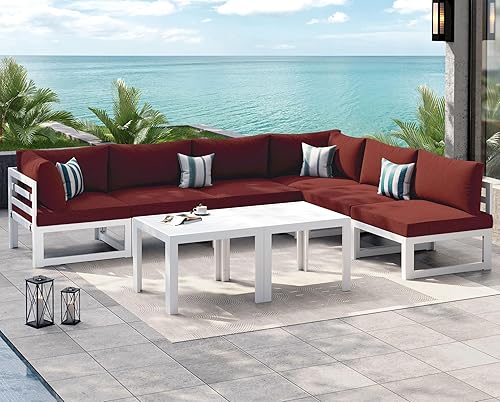 Miniatura 144 de NICESOUL 7 Piece White Powder-Coated Aluminum Patio Furniture with Fire Pit Table, 29 Inch Extra Wide Outdoor Sectional Sofa for 6, High-End Heavy
