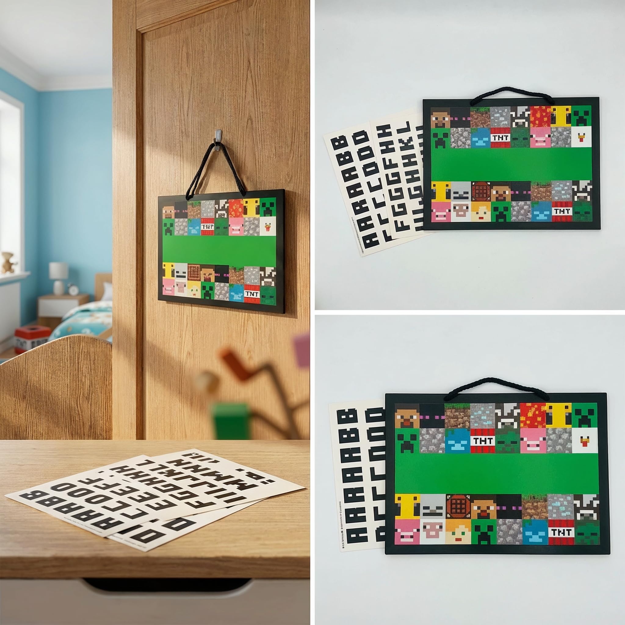 Minecraft Plaque de porte personnalisée avec autocollants de l'alphabet, panneau de nom personnalisé pour chambre à coucher ou salle de jeux, décoration officielle Minecraft 23 x 17 cm avec crochet