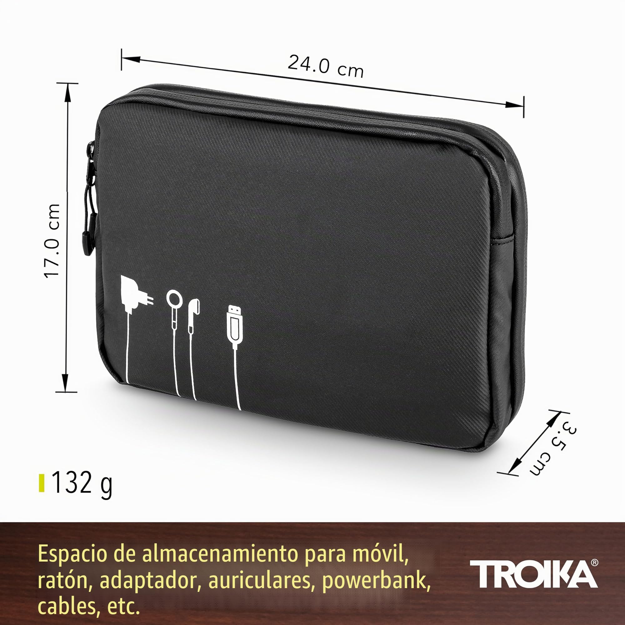 TROIKA Black Tech Pouch 2 - BBL64/BK - Bolsa organizadora de Cables para Accesorios electrónicos – 3 Compartimentos con Cremalleras hidrófugas, Tarpaulin (Iona) – Negro