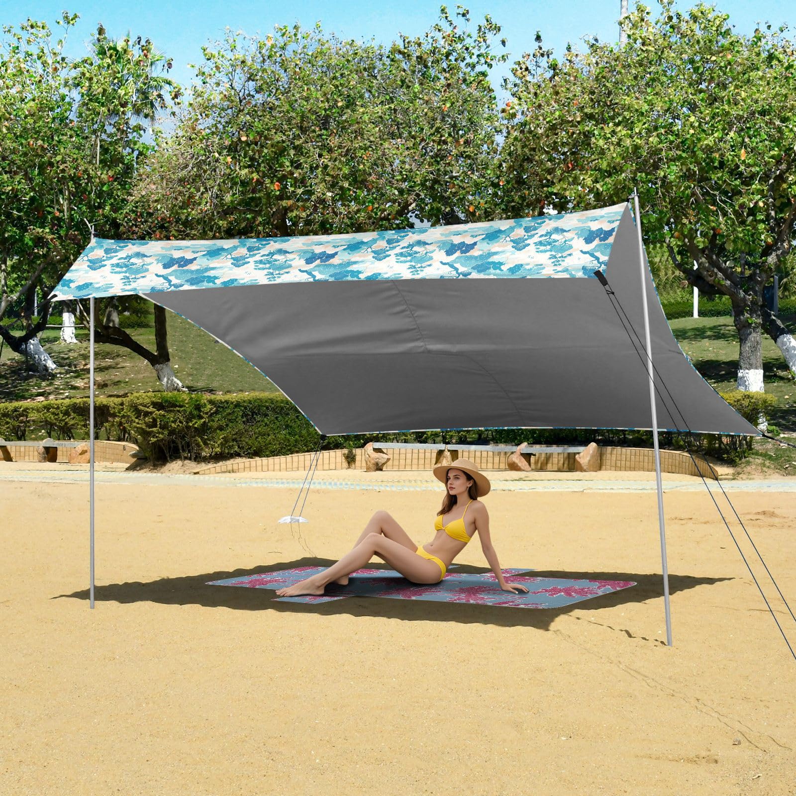 Turquoisrees Baldacchino pieghevole da spiaggia, protezione UPF50+, leggero, portatile, con tasche per sabbia, per viaggi in famiglia