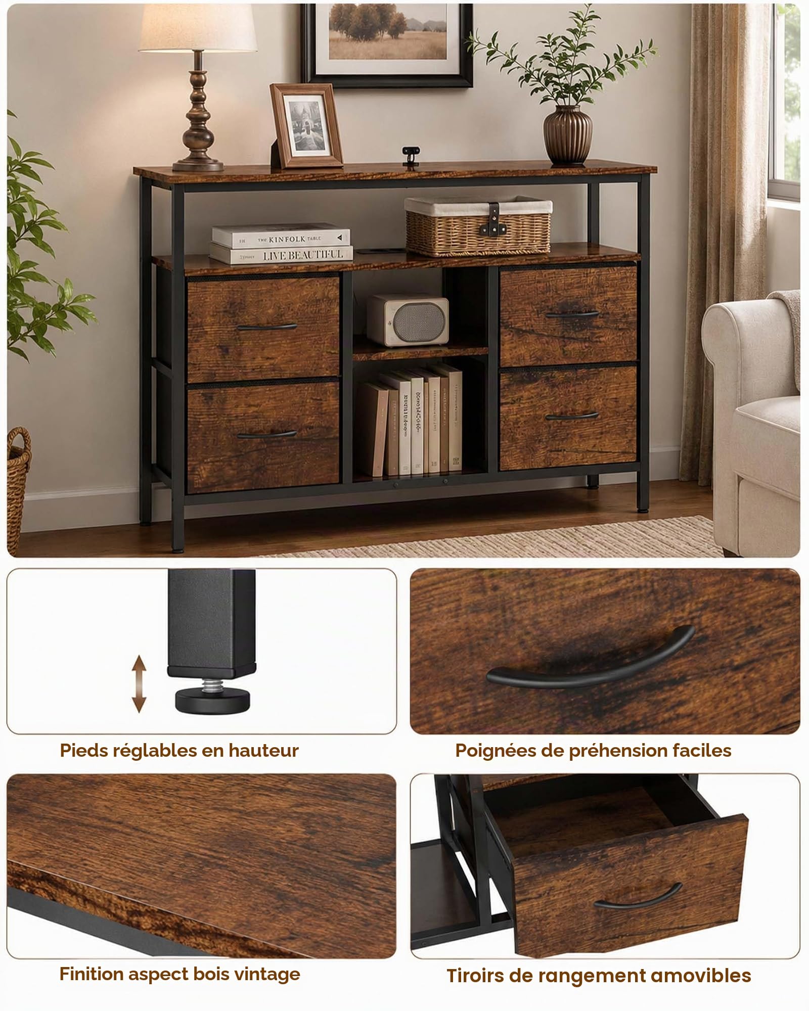Meuble TV LED Meuble Télé Industriel Noir et Bois 110×30×78cm | PRISES ET RANGEMENT Deux prises et deux ports USB avec câble d’alimentation plus 4 tiroirs en tissu pour un usage quotidien
