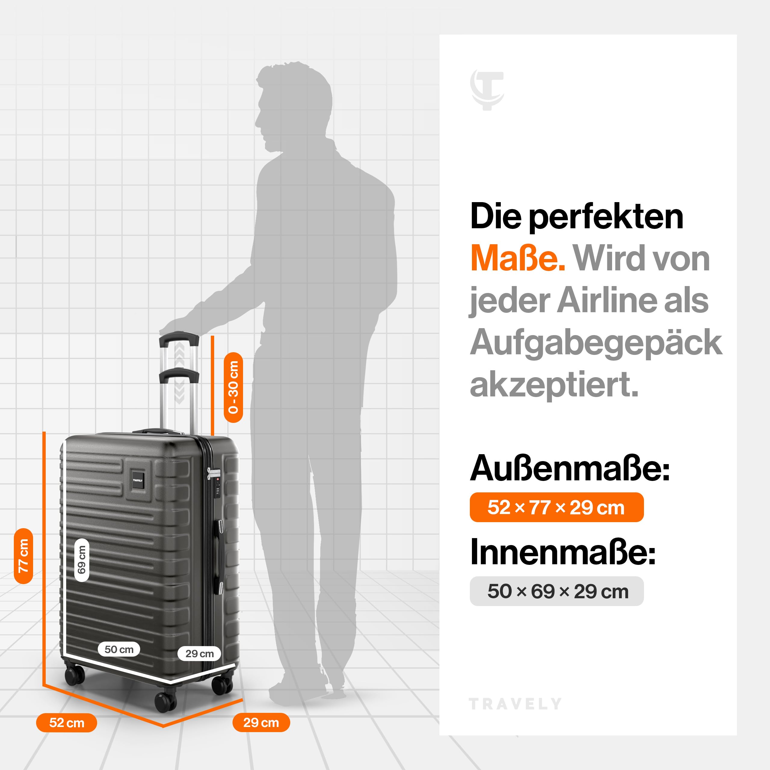 Travely Polycarbonat Koffer Groß 77cm XL - 100L Innenvolumen - 158cm Gurtmaß, sehr robuster Hartschalenkoffer mit sanften Rollen & TSA Schloss, Reisekoffer, Handgepäck Koffer, Reisekoffer mit Rollen