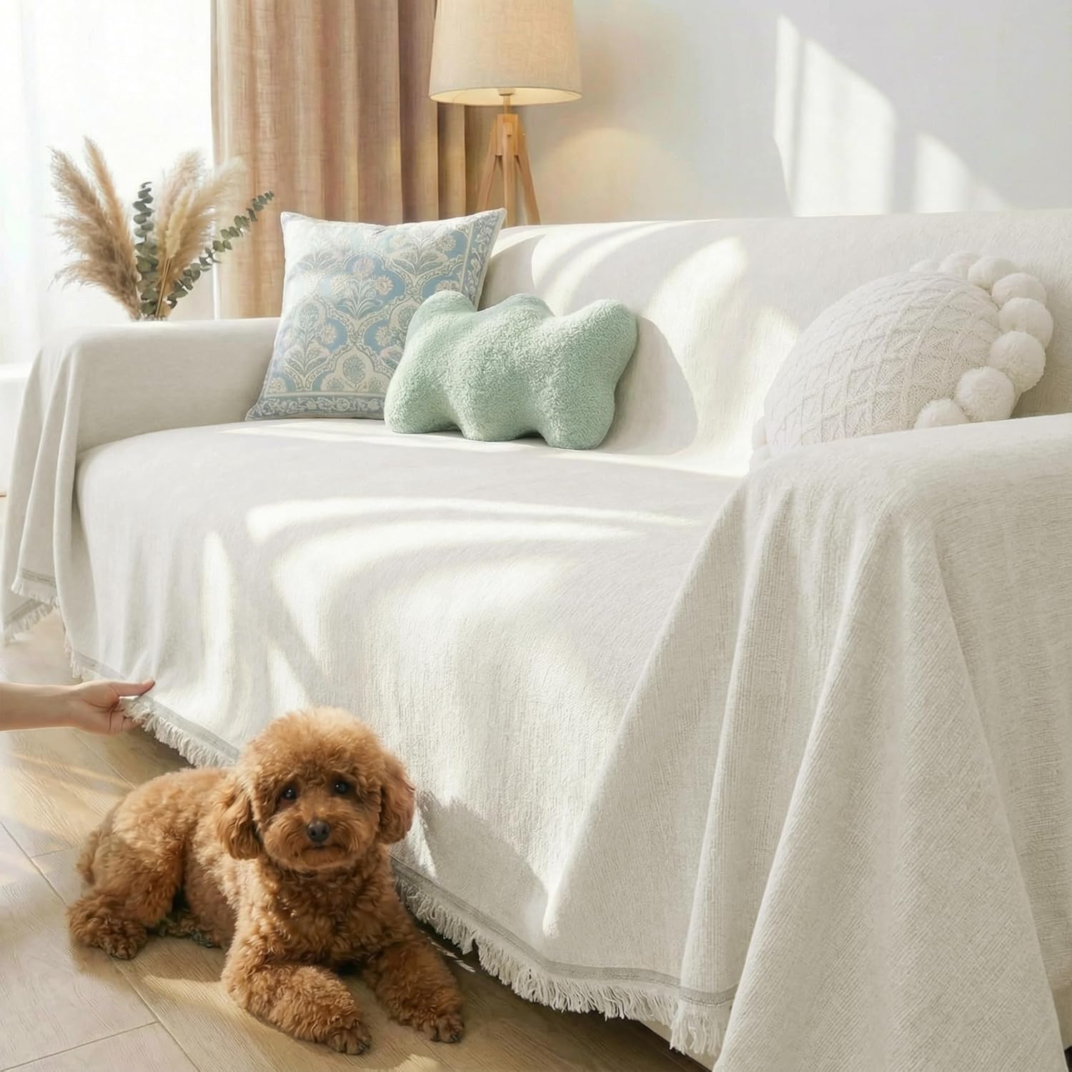 Pet Couch Cover for Dogs Sectional Sofa Covers Washable for 3 Cushion Couches, Chenille Beige Couch Cover Blanket Non Slip Pet Sofa Covers Protector for Dog Cats (71" x 134", Beige)