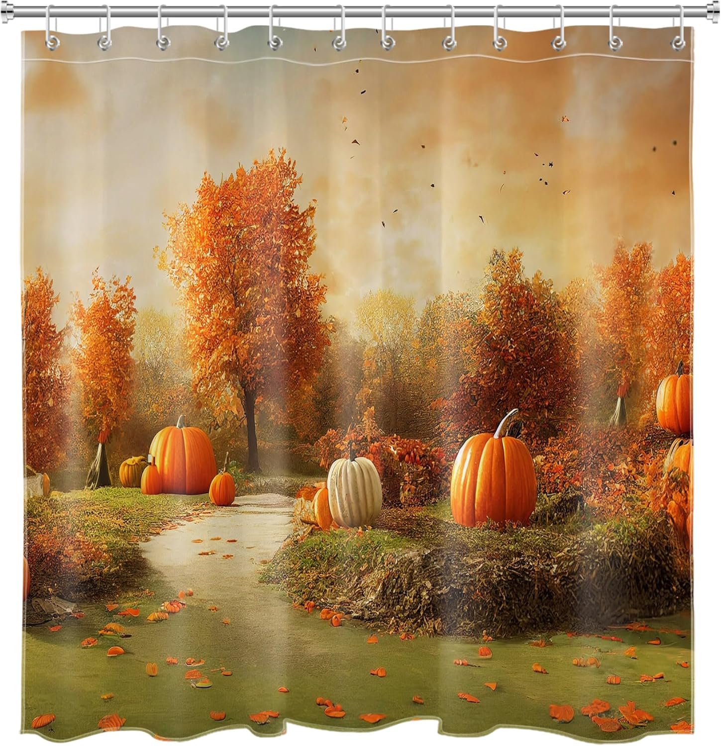 LB Orange Fall Pumpkin Shower Curtain Sets with Rugs, Farmhouse Fall Pumpkins and Autumn Forest Bathroom Sets with Shower Curtain and Rugs, Country Landscape Bathroom Shower Curtain Set, 72x72 inches